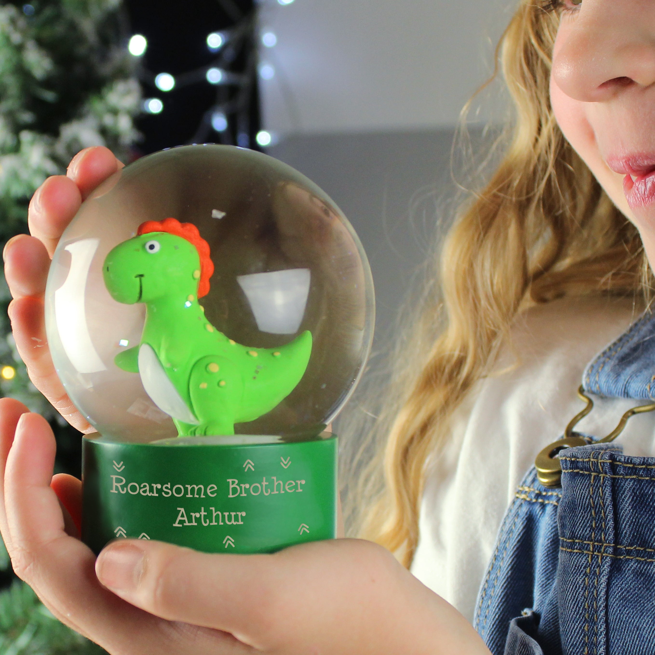 Personalised Message Dinosaur Glitter Snow Globe - gift & personalise