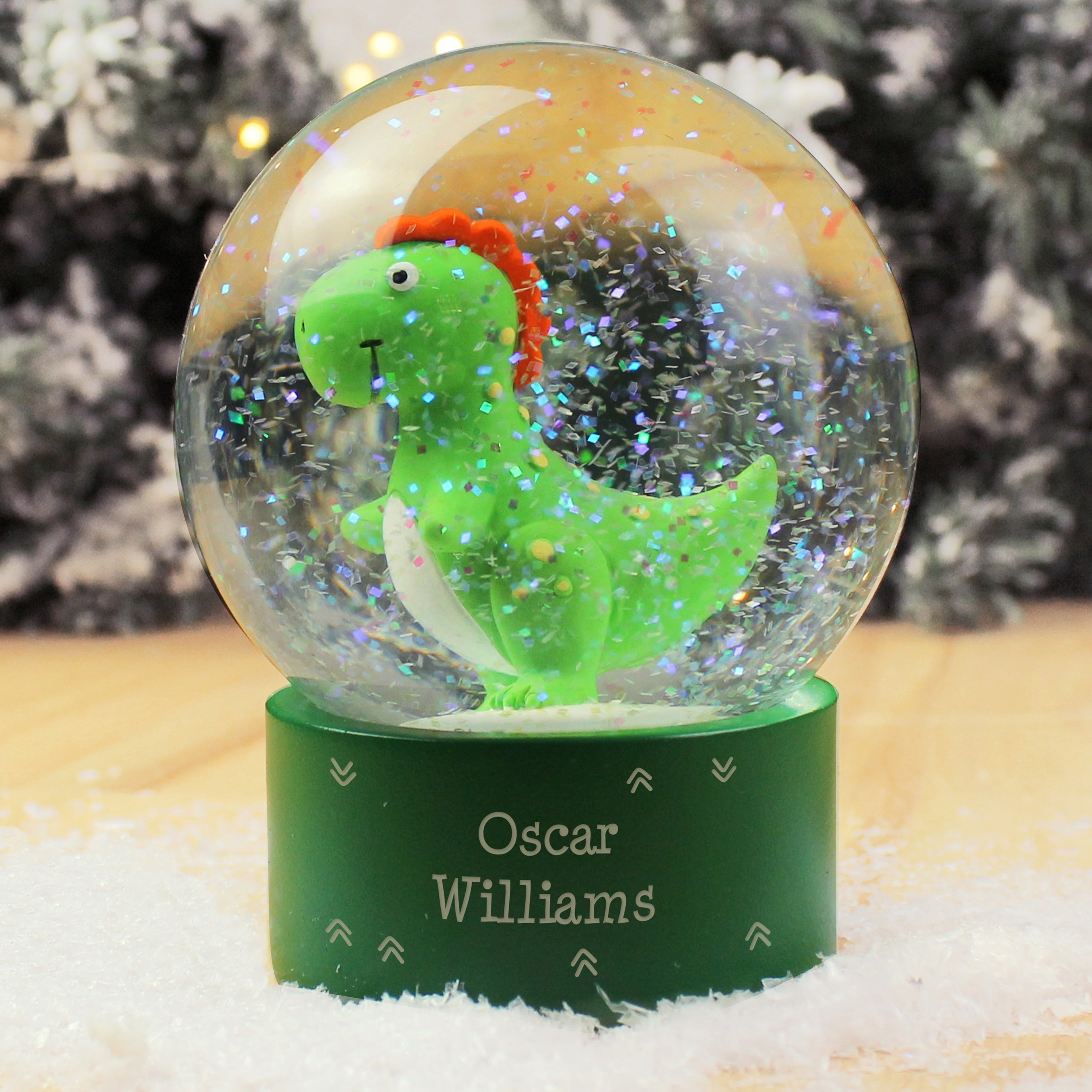 Personalised Message Dinosaur Glitter Snow Globe - gift & personalise