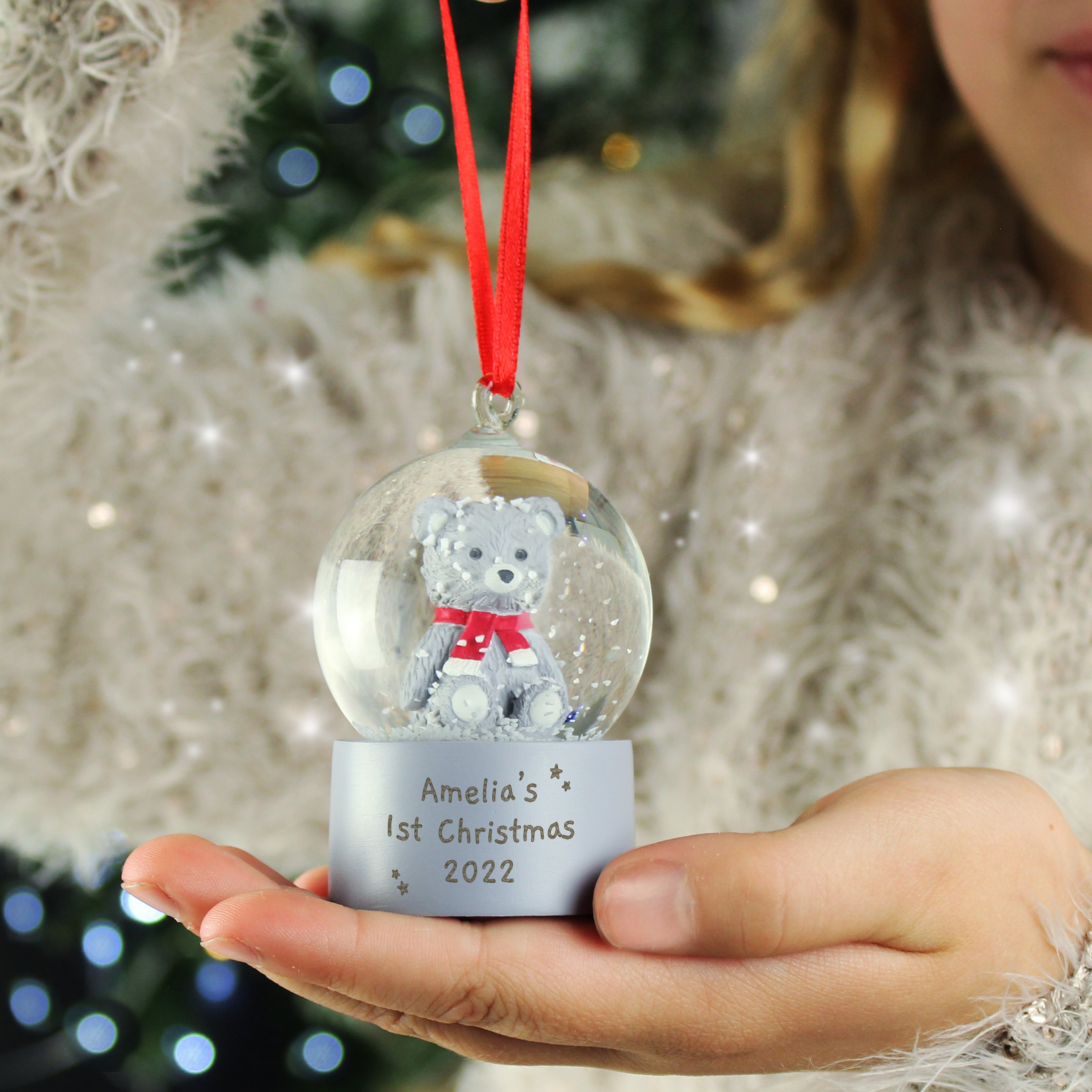 Personalised Message Teddy Bear Glitter Snow Globe Tree Decoration - gift & personalise