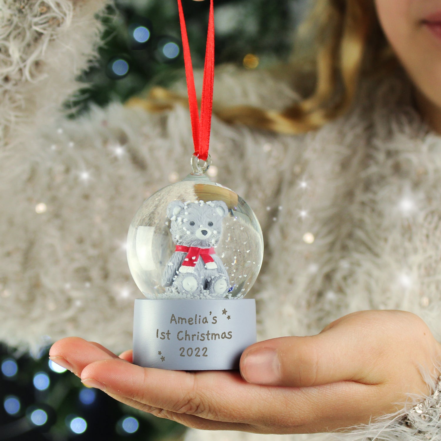 Personalised Message Teddy Bear Glitter Snow Globe Tree Decoration - gift & personalise