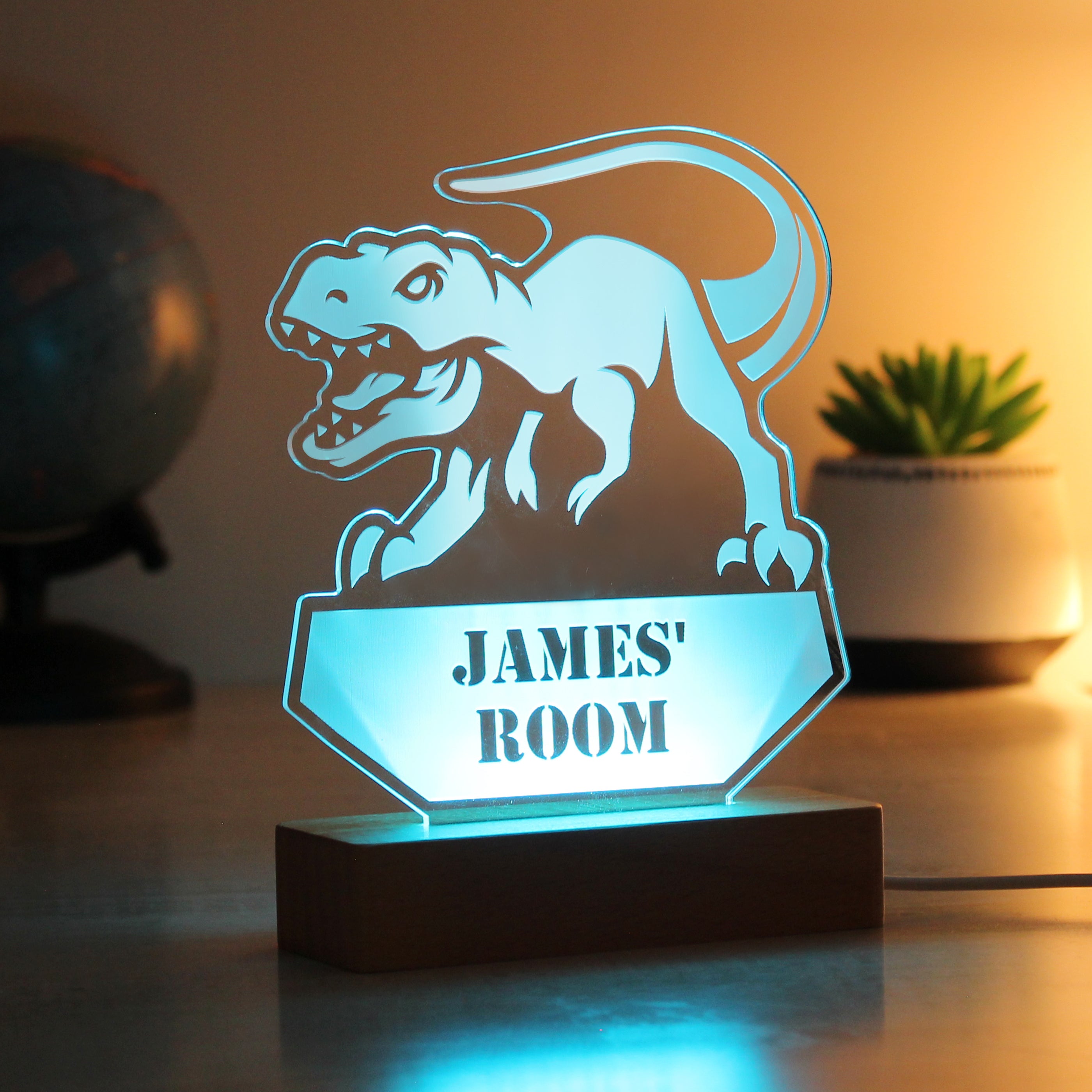 Personalised Dinosaur Wooden Based LED Light - gift & personalise