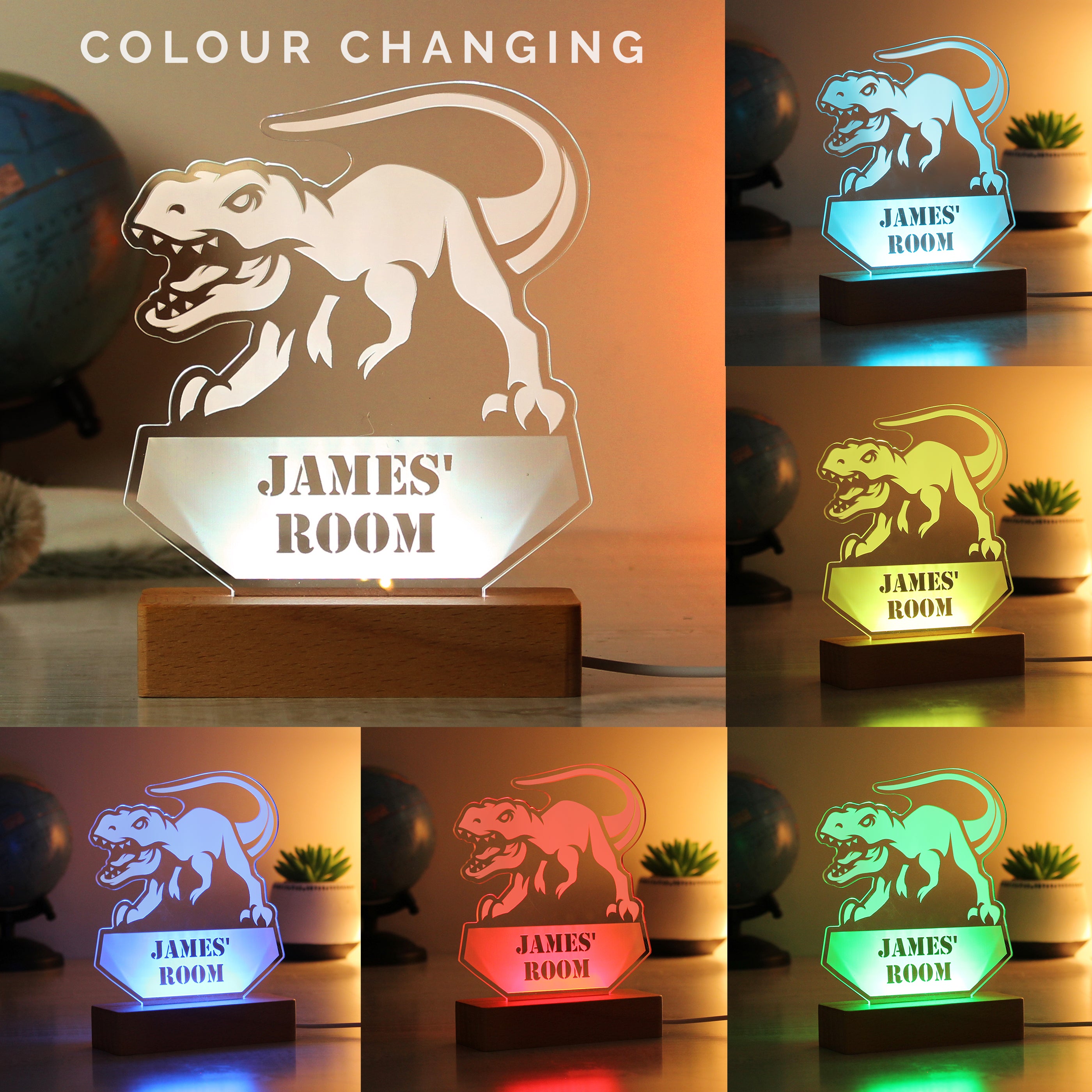 Personalised Dinosaur Wooden Based LED Light - gift & personalise