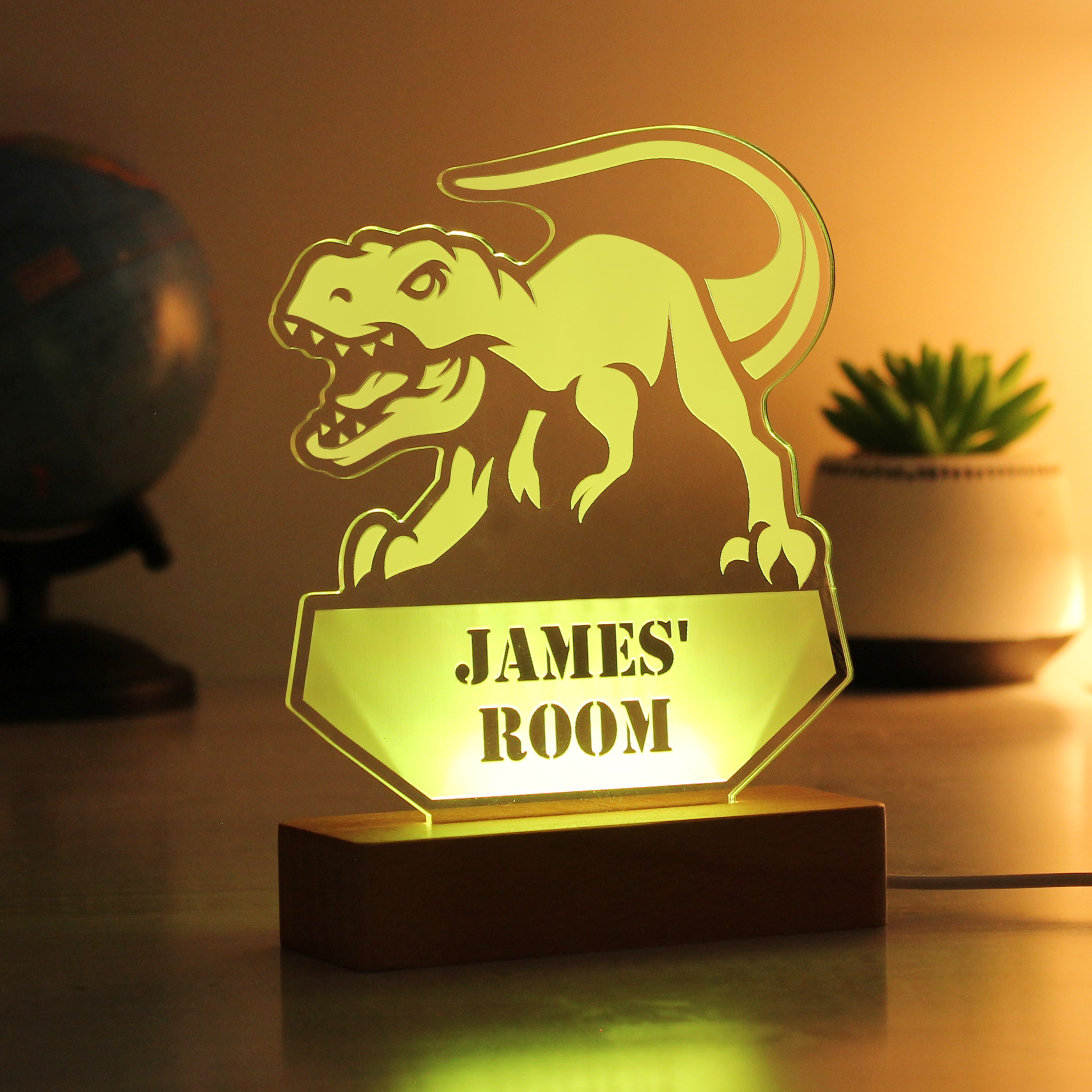 Personalised Dinosaur Wooden Based LED Light - gift & personalise