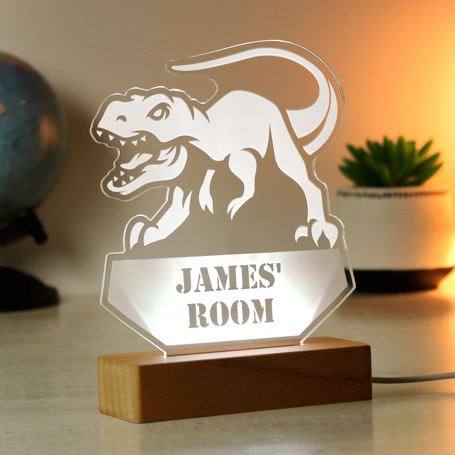 Personalised Dinosaur Wooden Based LED Light - gift & personalise