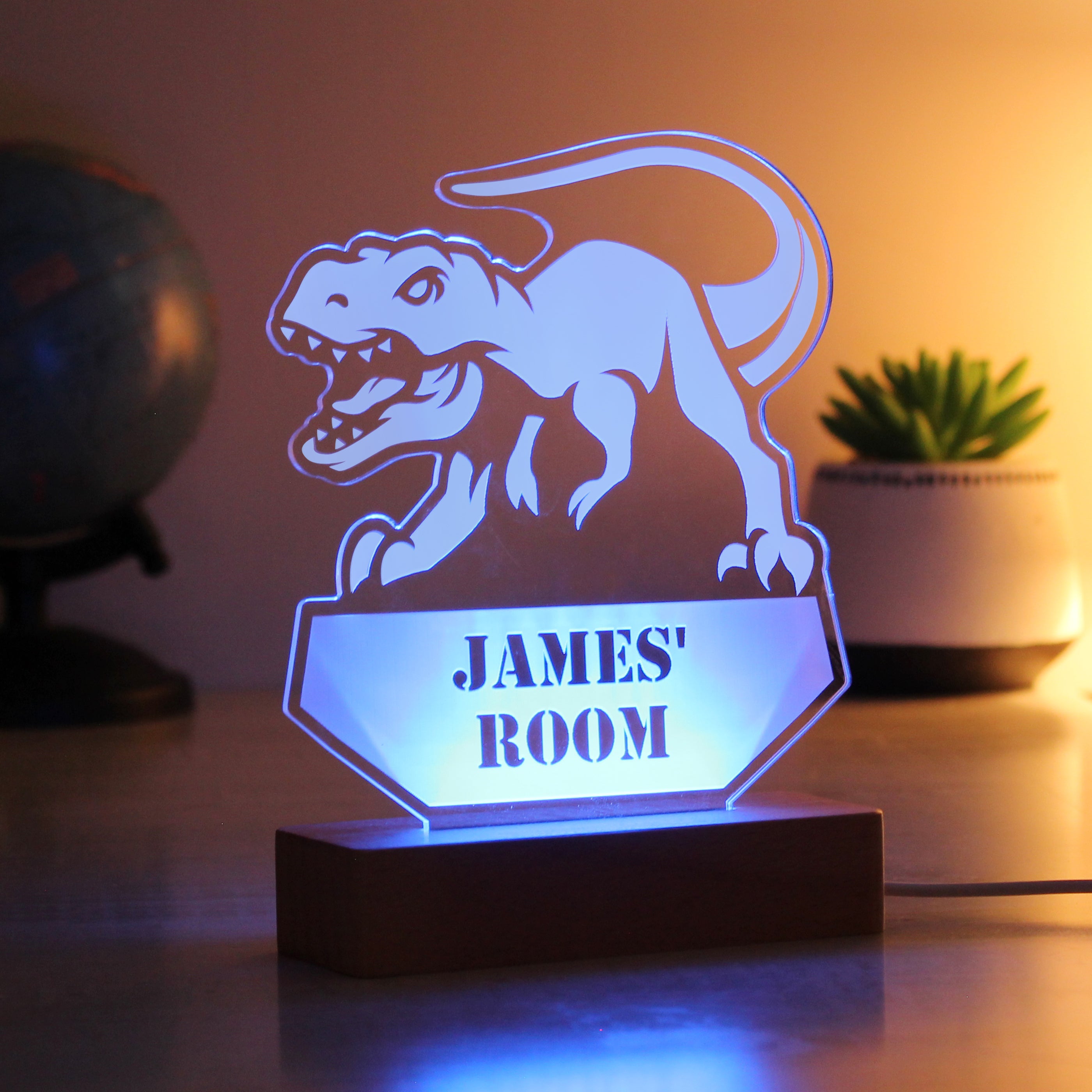 Personalised Dinosaur Wooden Based LED Light - gift & personalise