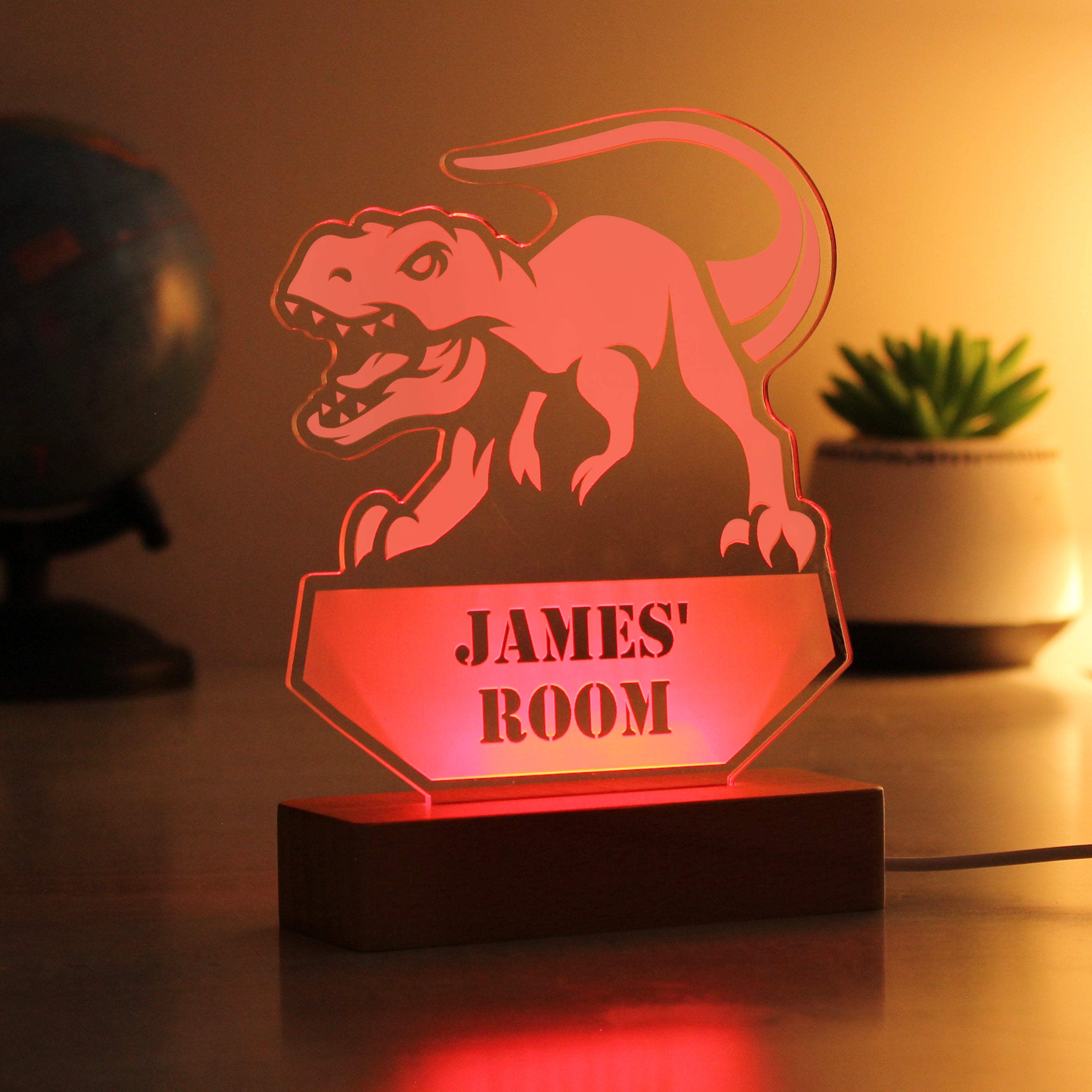 Personalised Dinosaur Wooden Based LED Light - gift & personalise