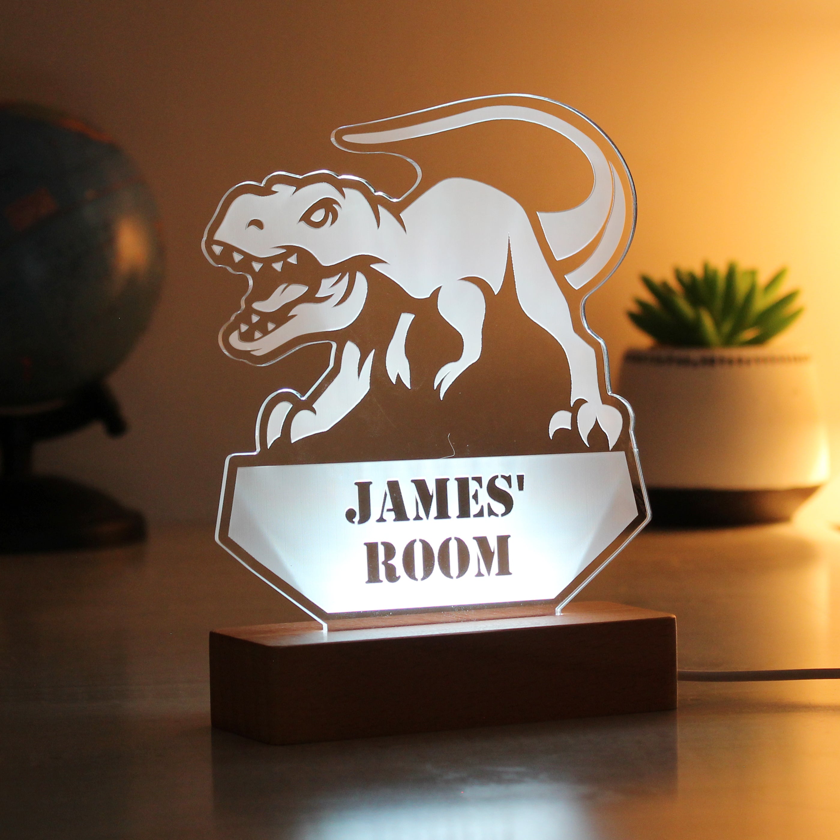 Personalised Dinosaur Wooden Based LED Light - gift & personalise