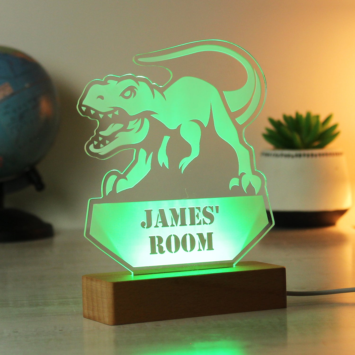 Personalised Dinosaur Wooden Based LED Light - gift & personalise