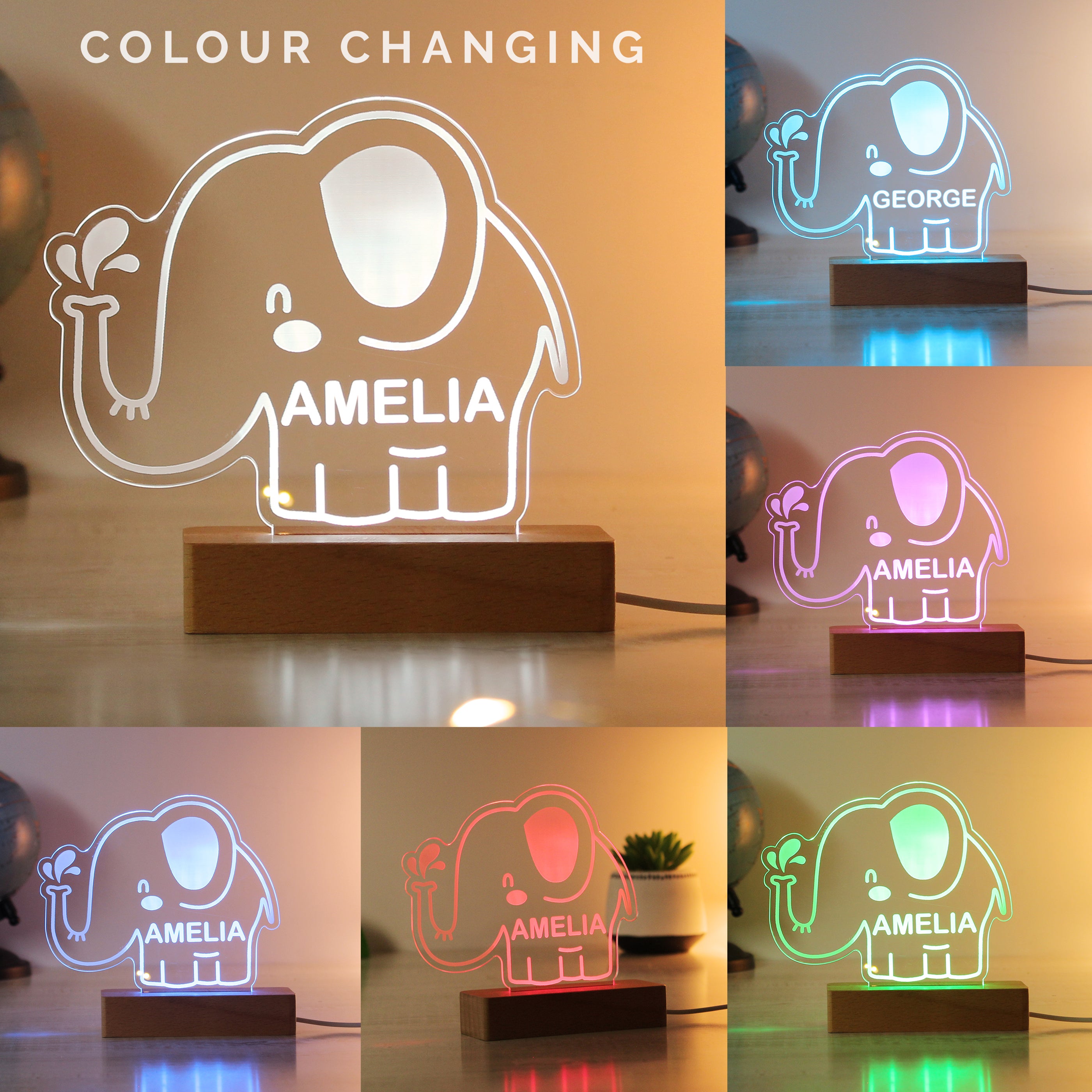 Personalised Elephant Wooden Based LED Light - gift & personalise