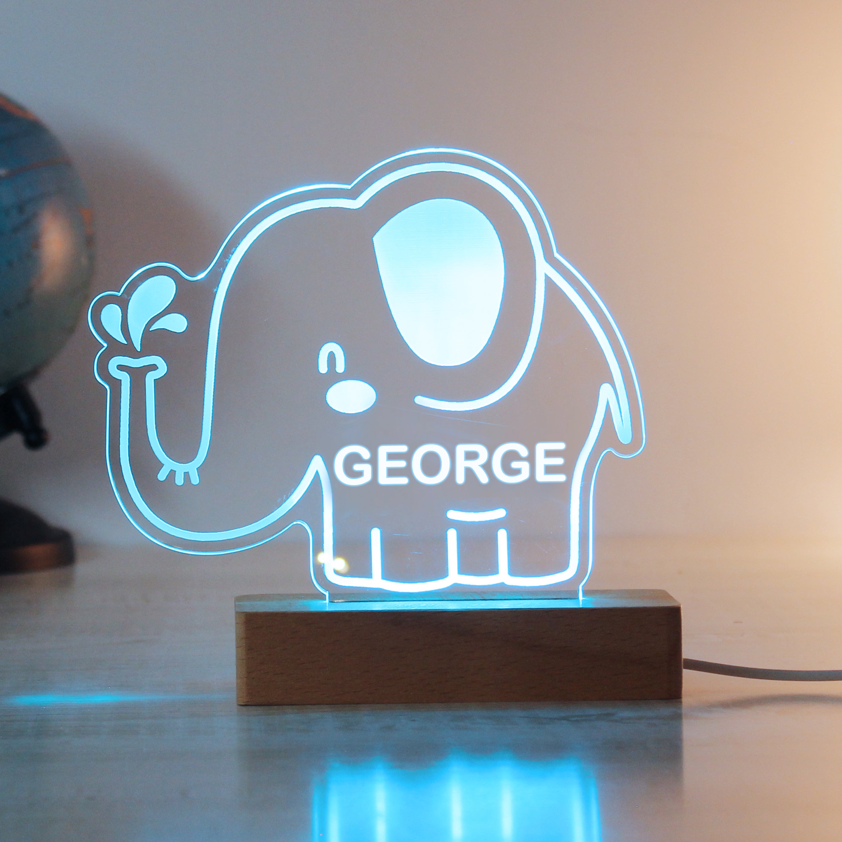 Personalised Elephant Wooden Based LED Light - gift & personalise