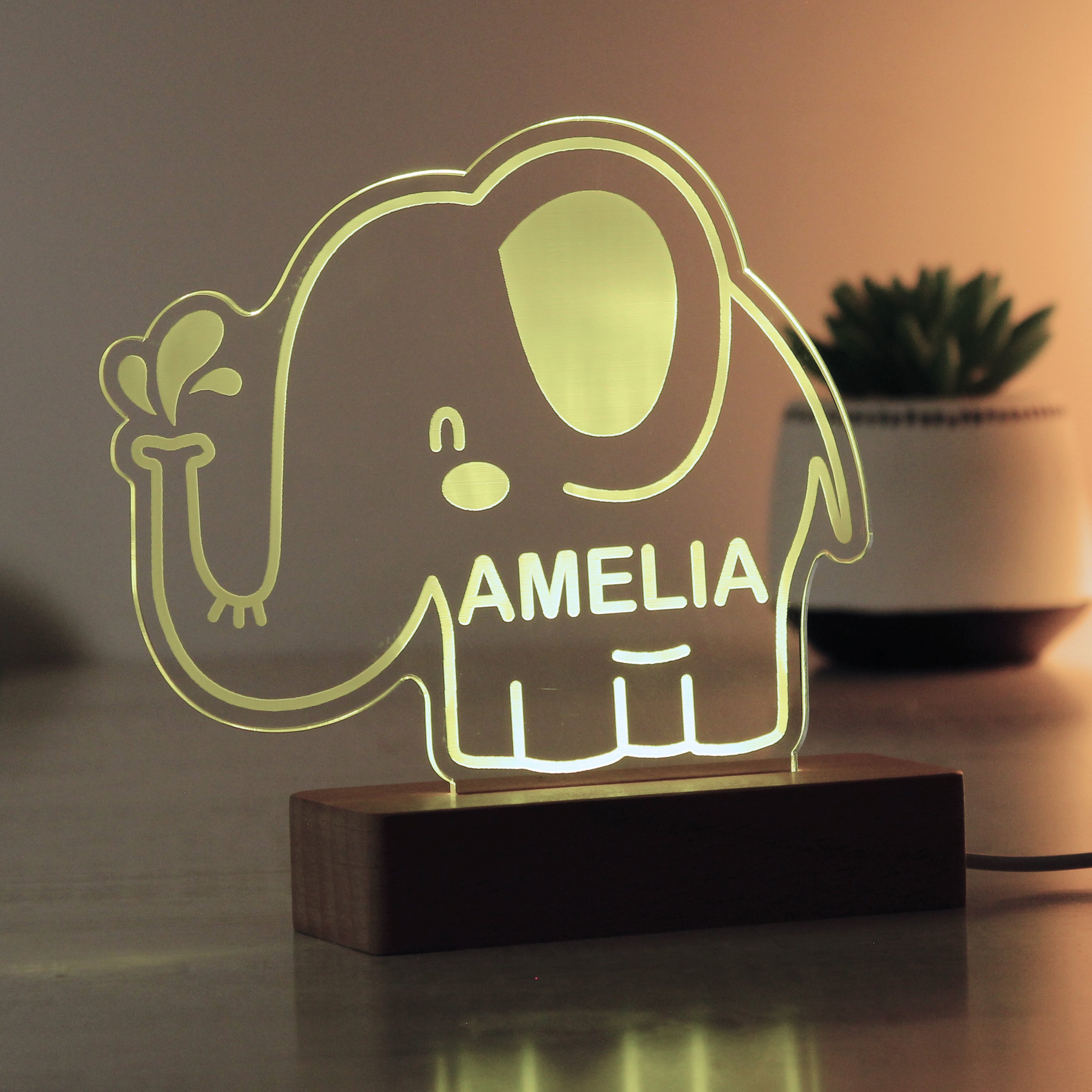 Personalised Elephant Wooden Based LED Light - gift & personalise