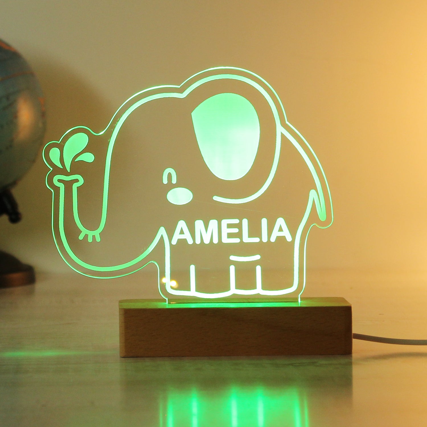 Personalised Elephant Wooden Based LED Light - gift & personalise