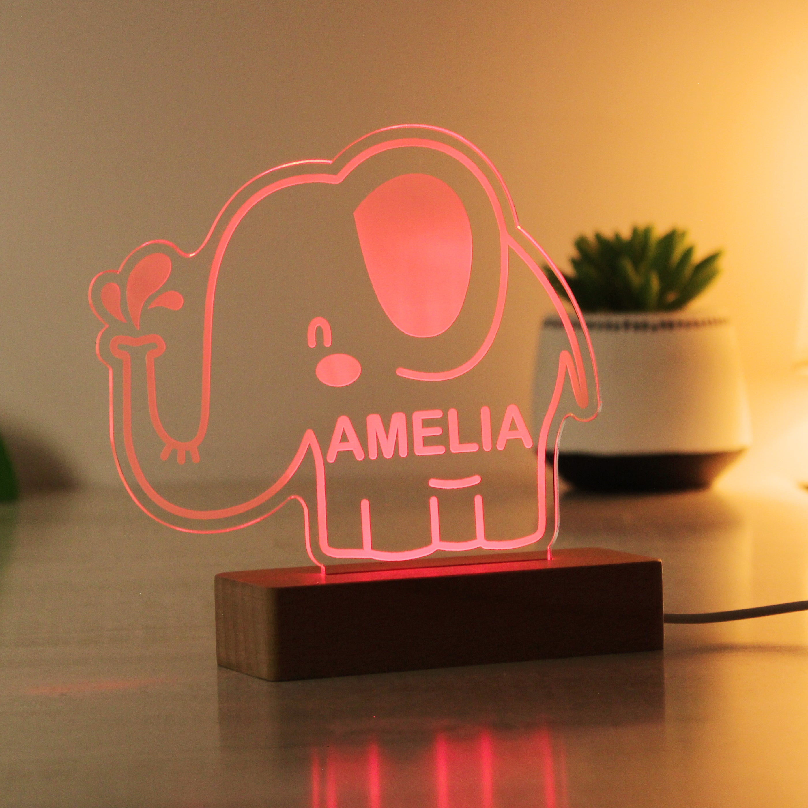 Personalised Elephant Wooden Based LED Light - gift & personalise