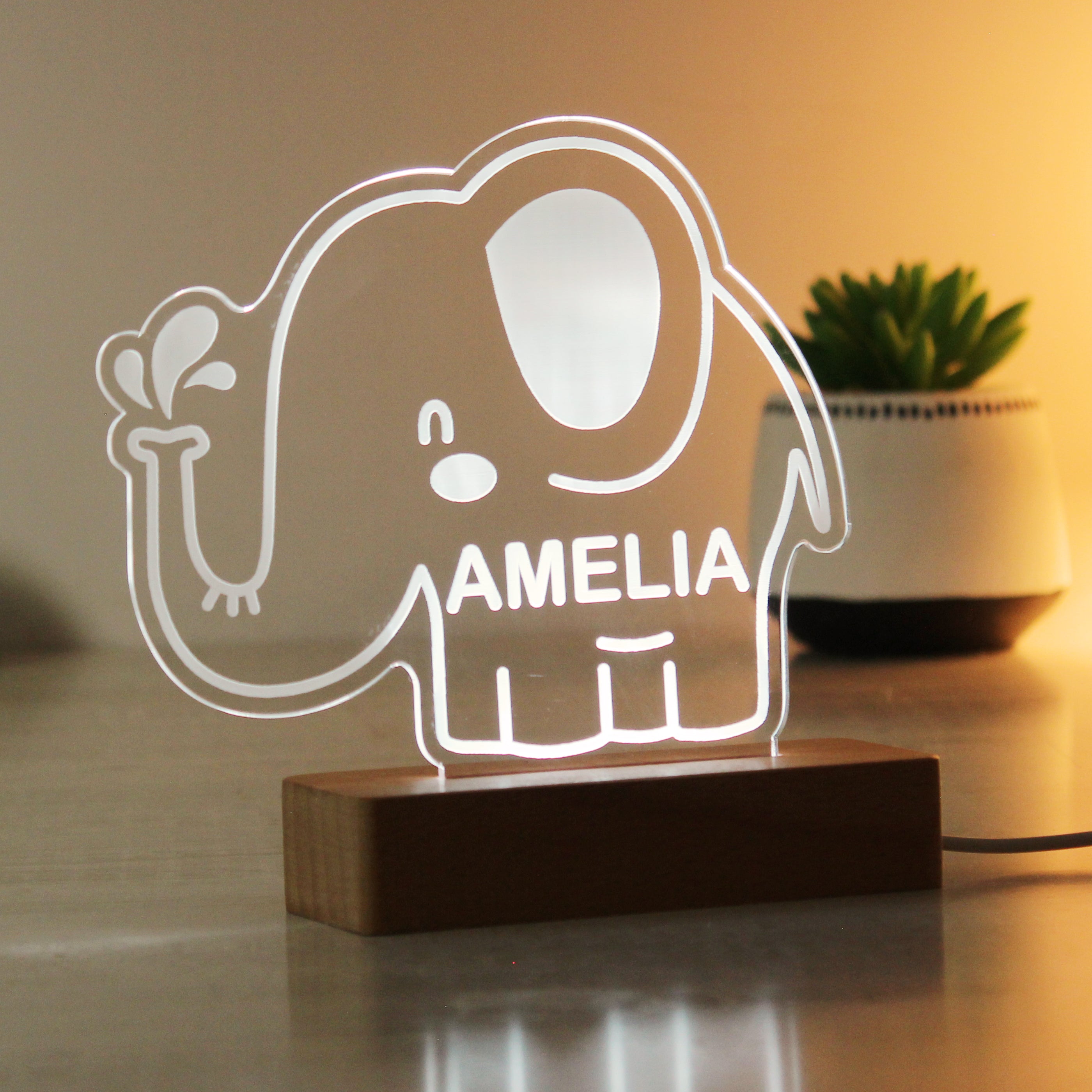 Personalised Elephant Wooden Based LED Light - gift & personalise