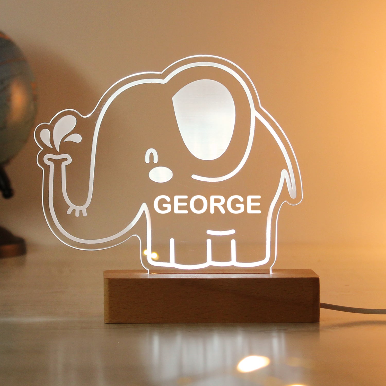 Personalised Elephant Wooden Based LED Light - gift & personalise