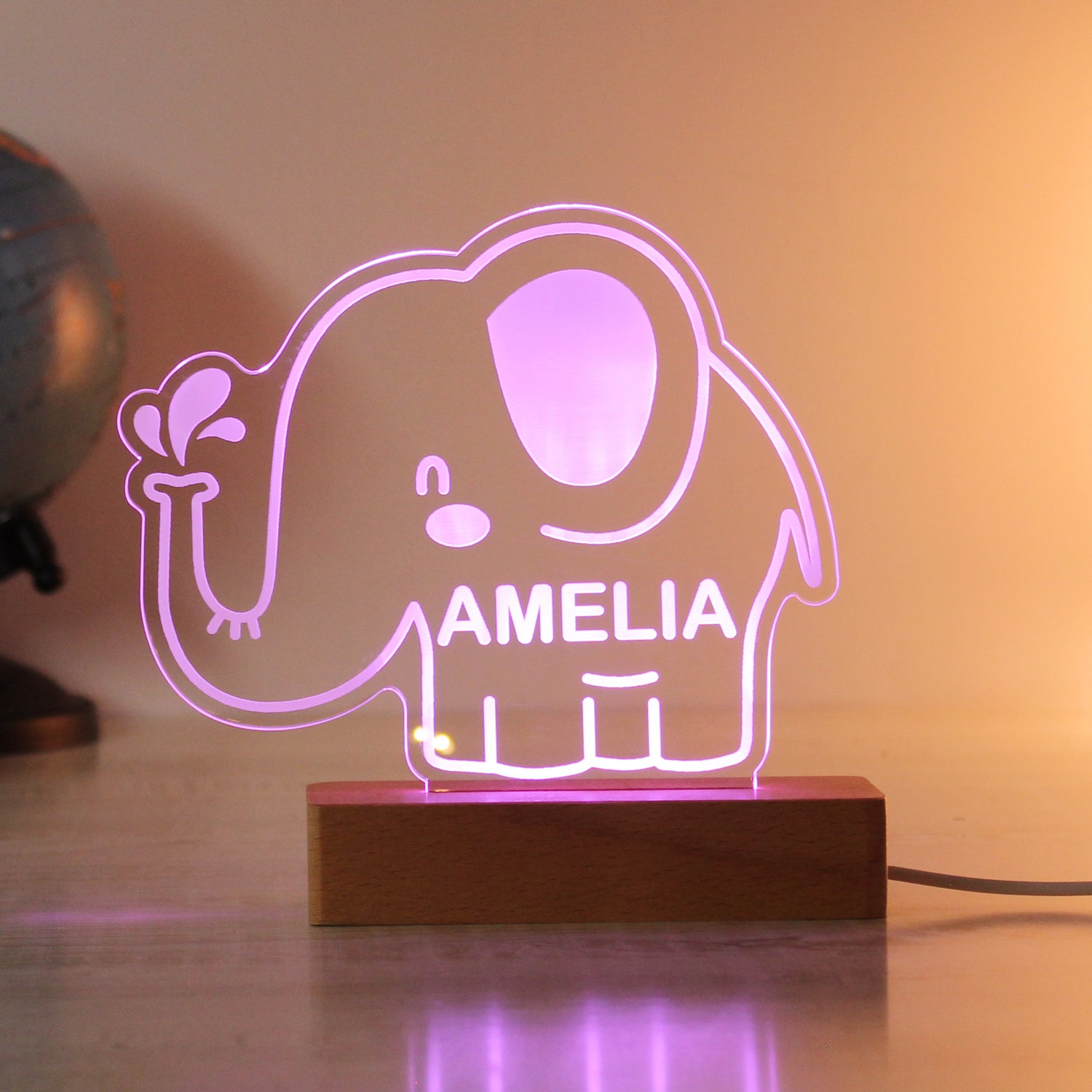 Personalised Elephant Wooden Based LED Light - gift & personalise