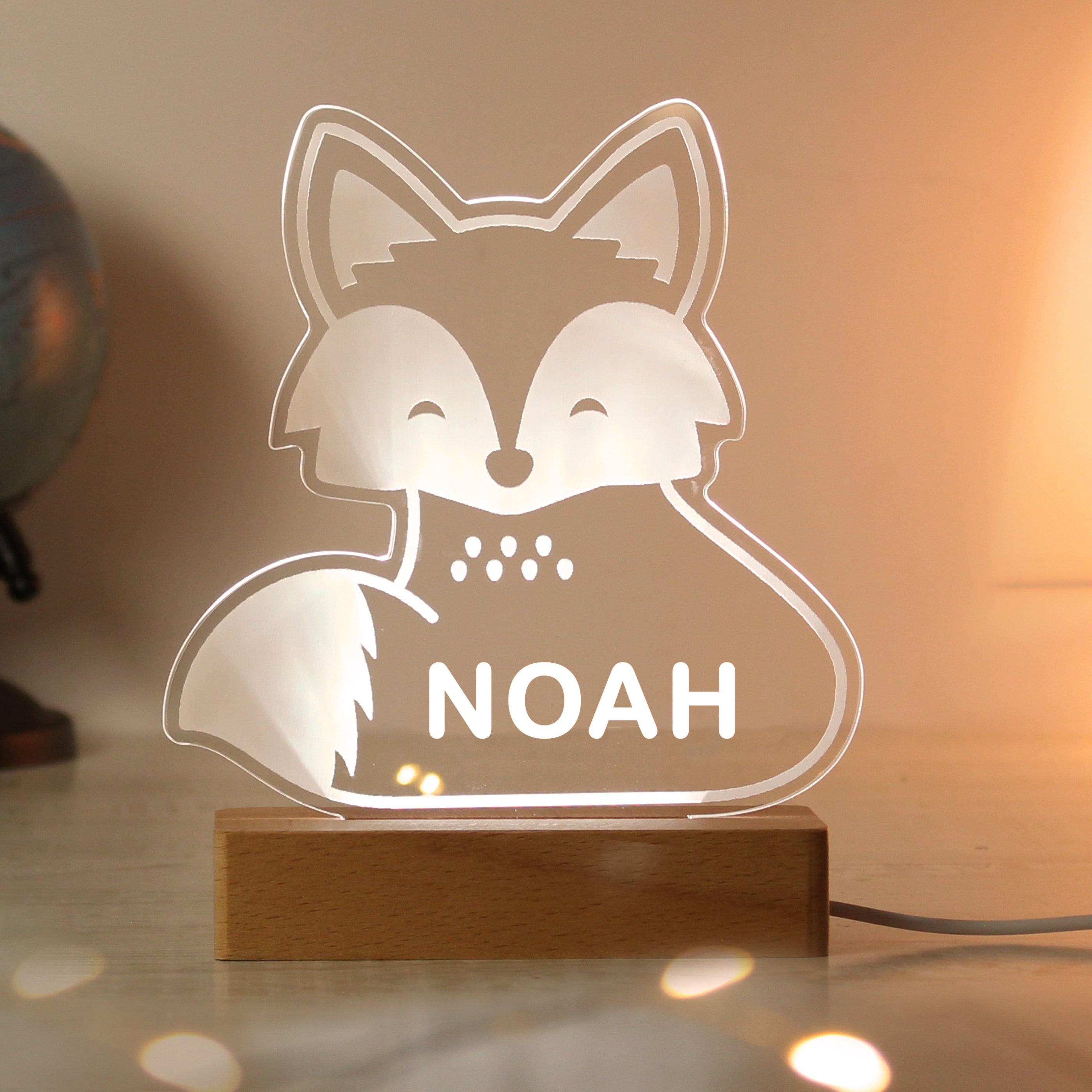 Personalised Fox Wooden Based LED Light - gift & personalise