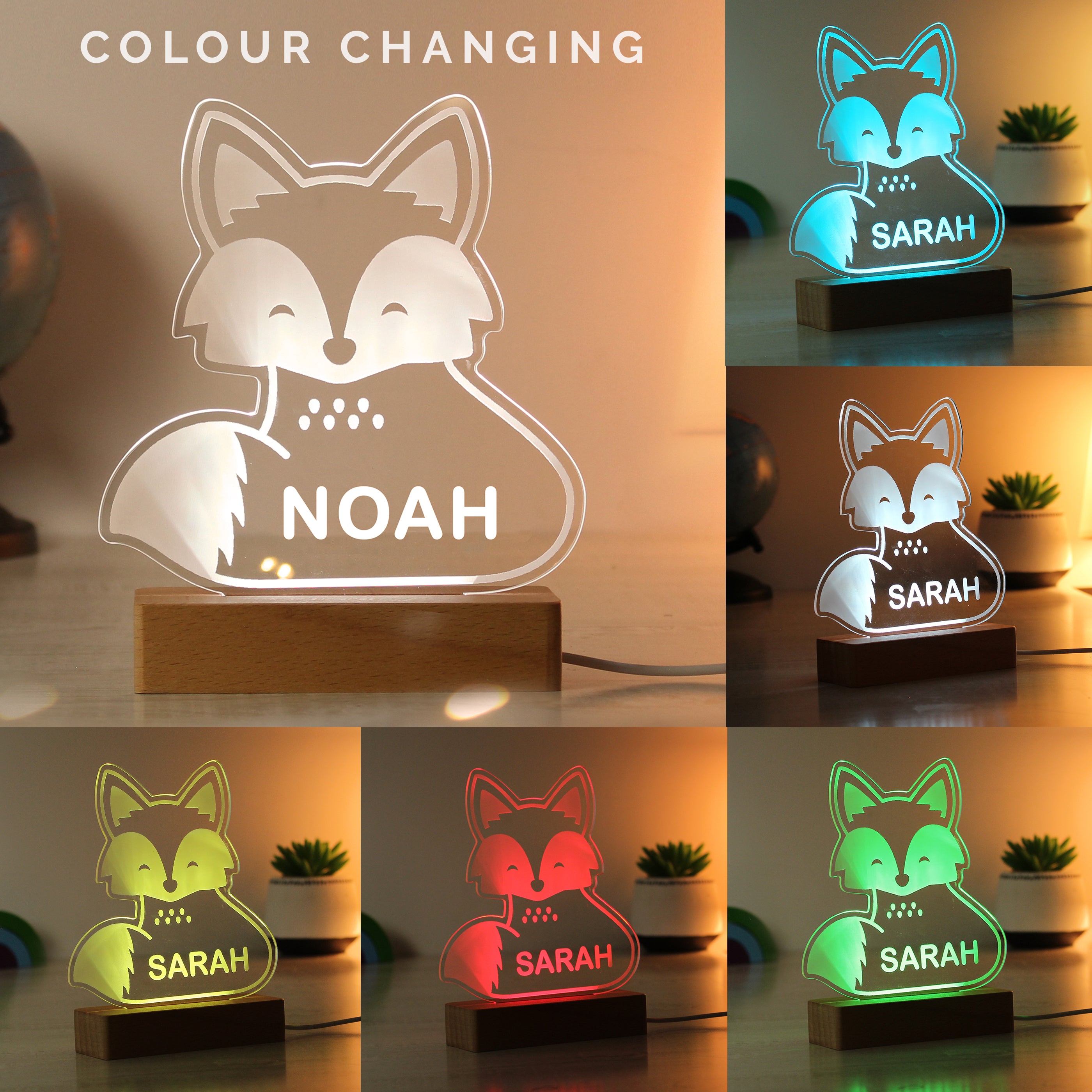 Personalised Fox Wooden Based LED Light - gift & personalise