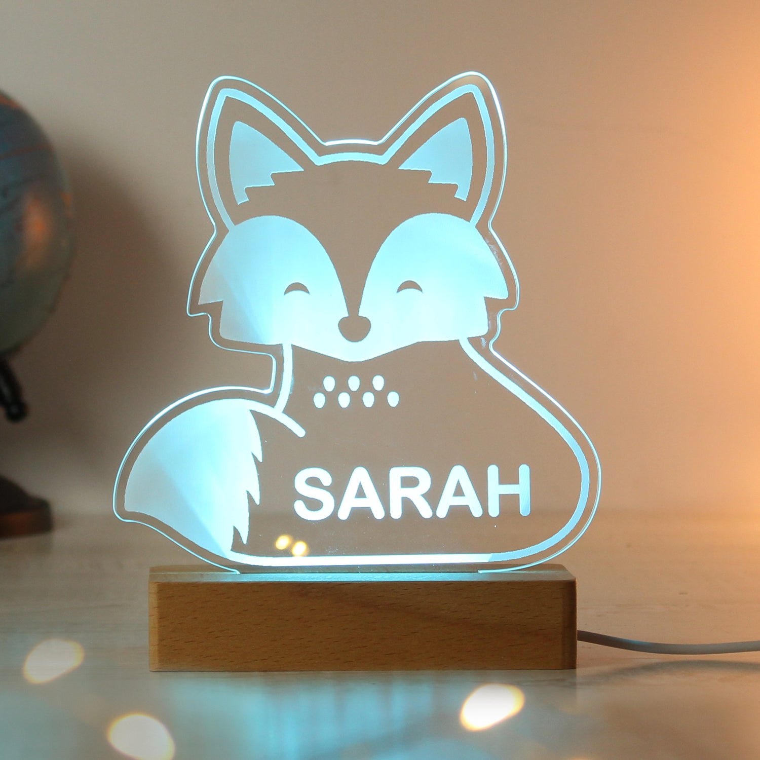 Personalised Fox Wooden Based LED Light - gift & personalise