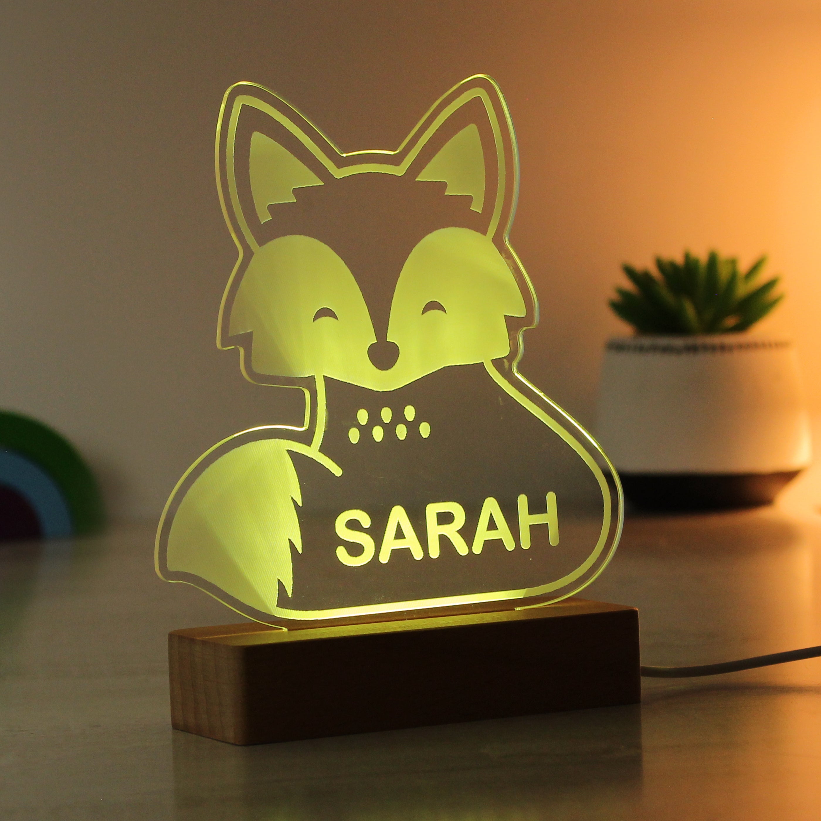 Personalised Fox Wooden Based LED Light - gift & personalise