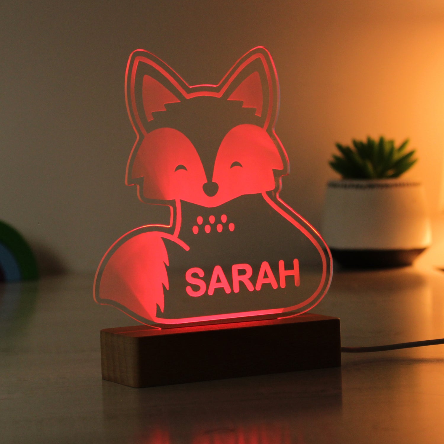 Personalised Fox Wooden Based LED Light - gift & personalise