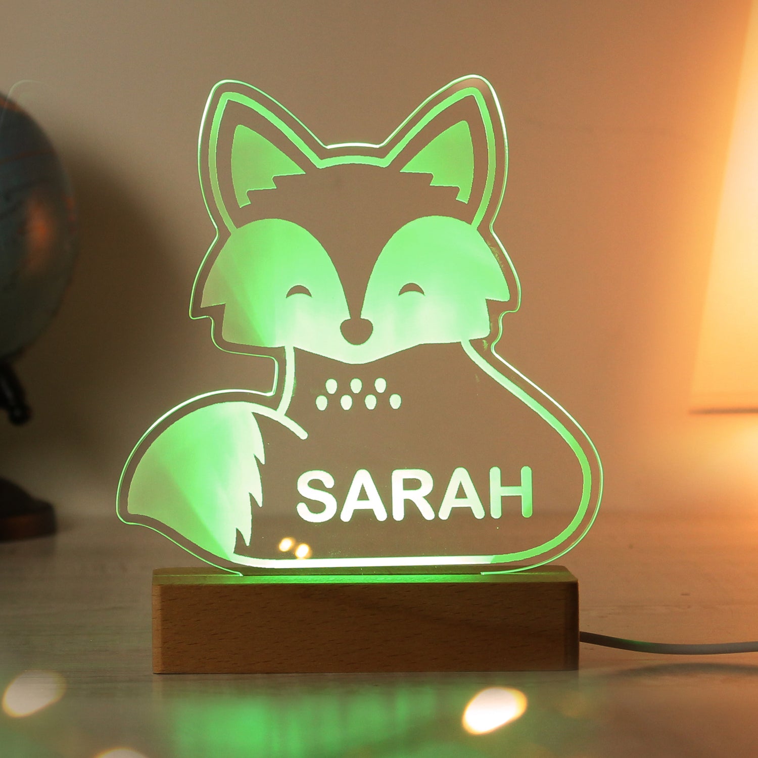 Personalised Fox Wooden Based LED Light - gift & personalise