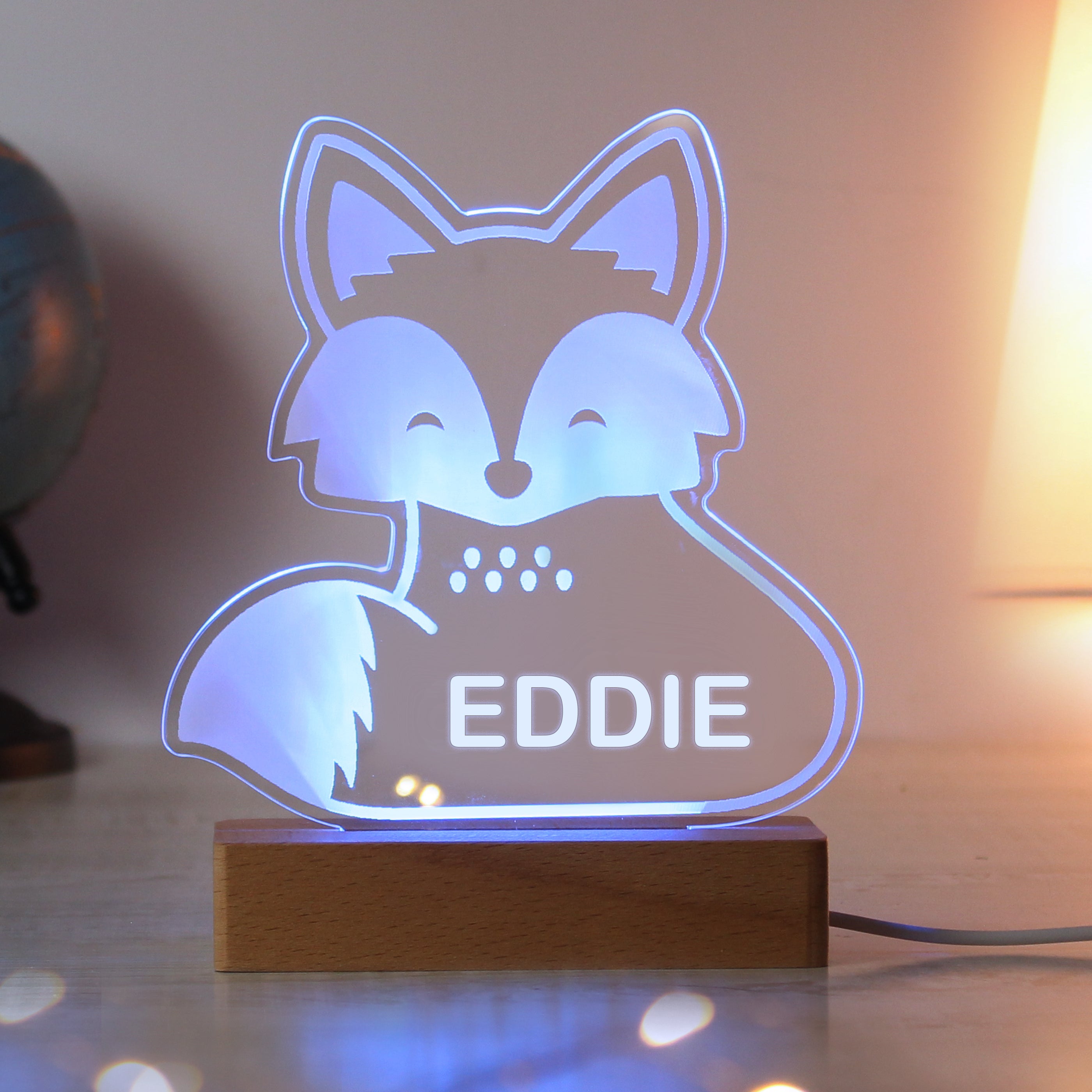 Personalised Fox Wooden Based LED Light - gift & personalise