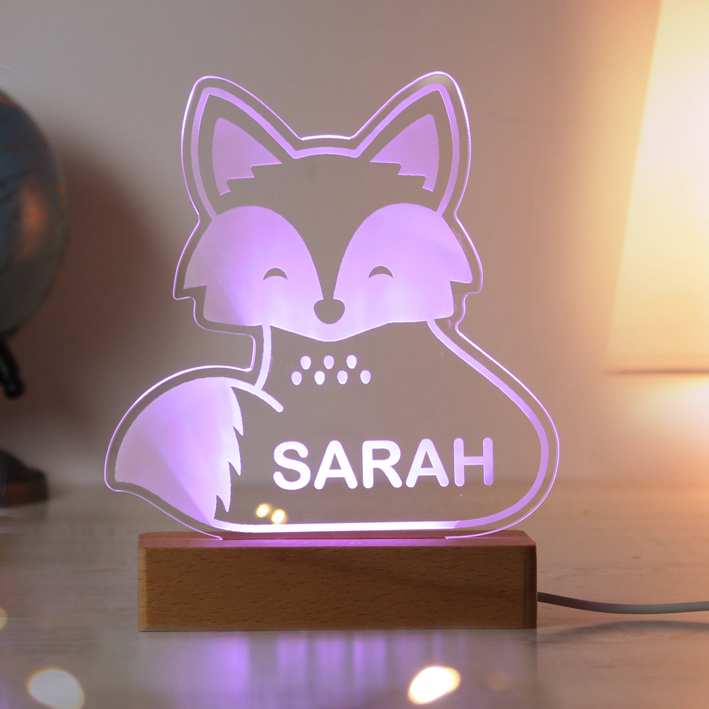 Personalised Fox Wooden Based LED Light - gift & personalise