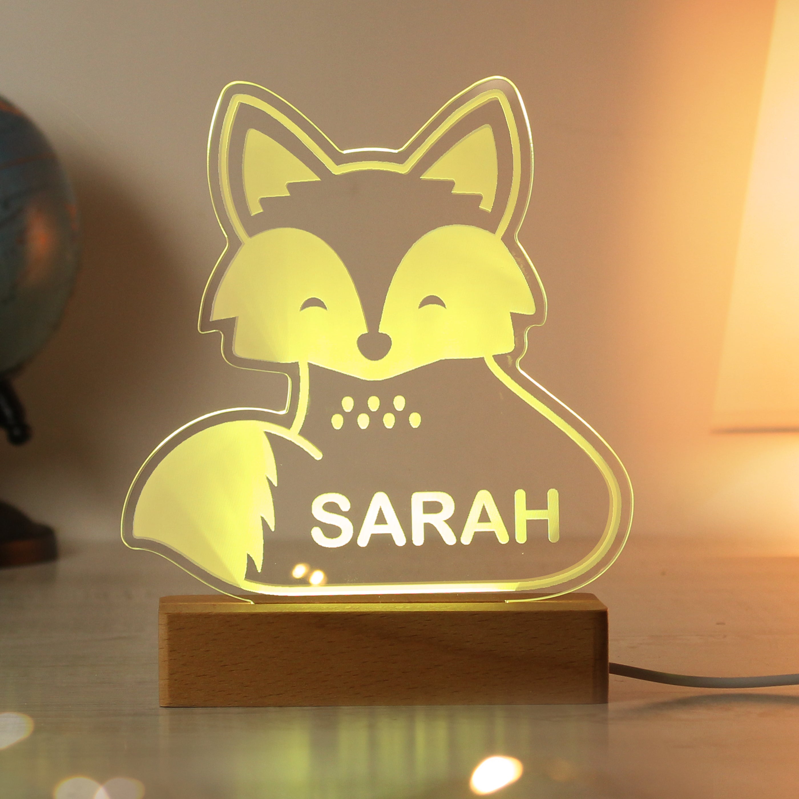 Personalised Fox Wooden Based LED Light - gift & personalise