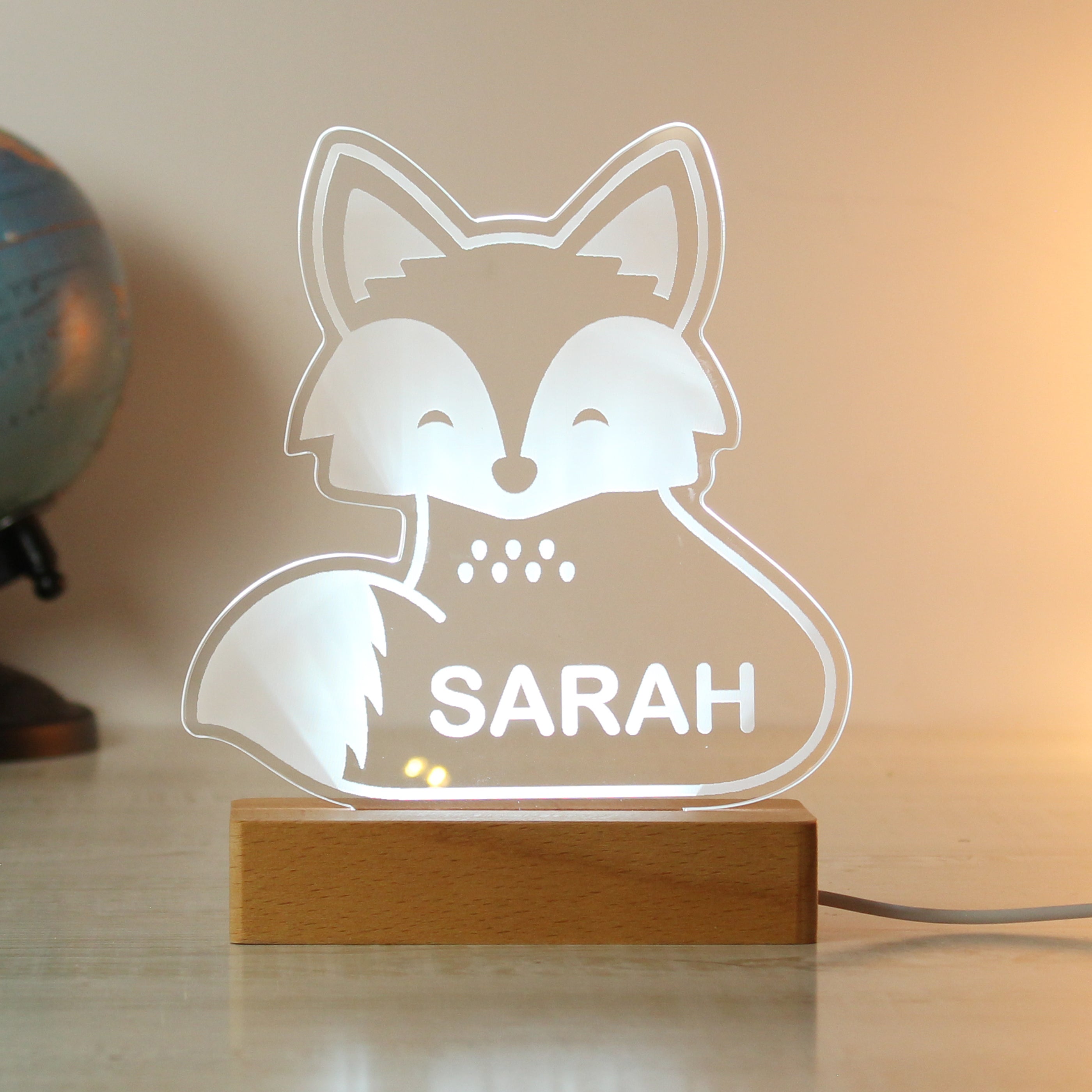 Personalised Fox Wooden Based LED Light - gift & personalise