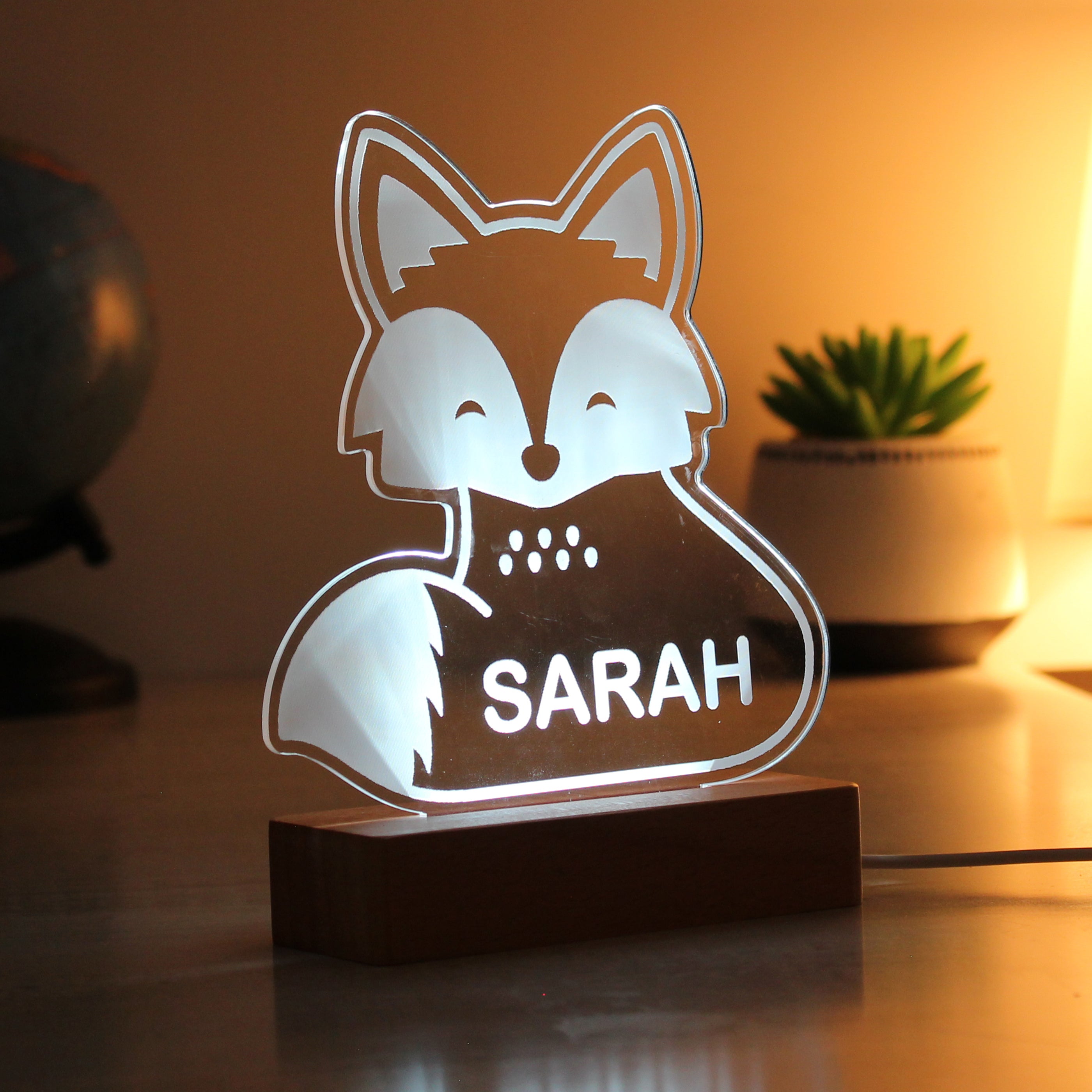 Personalised Fox Wooden Based LED Light - gift & personalise