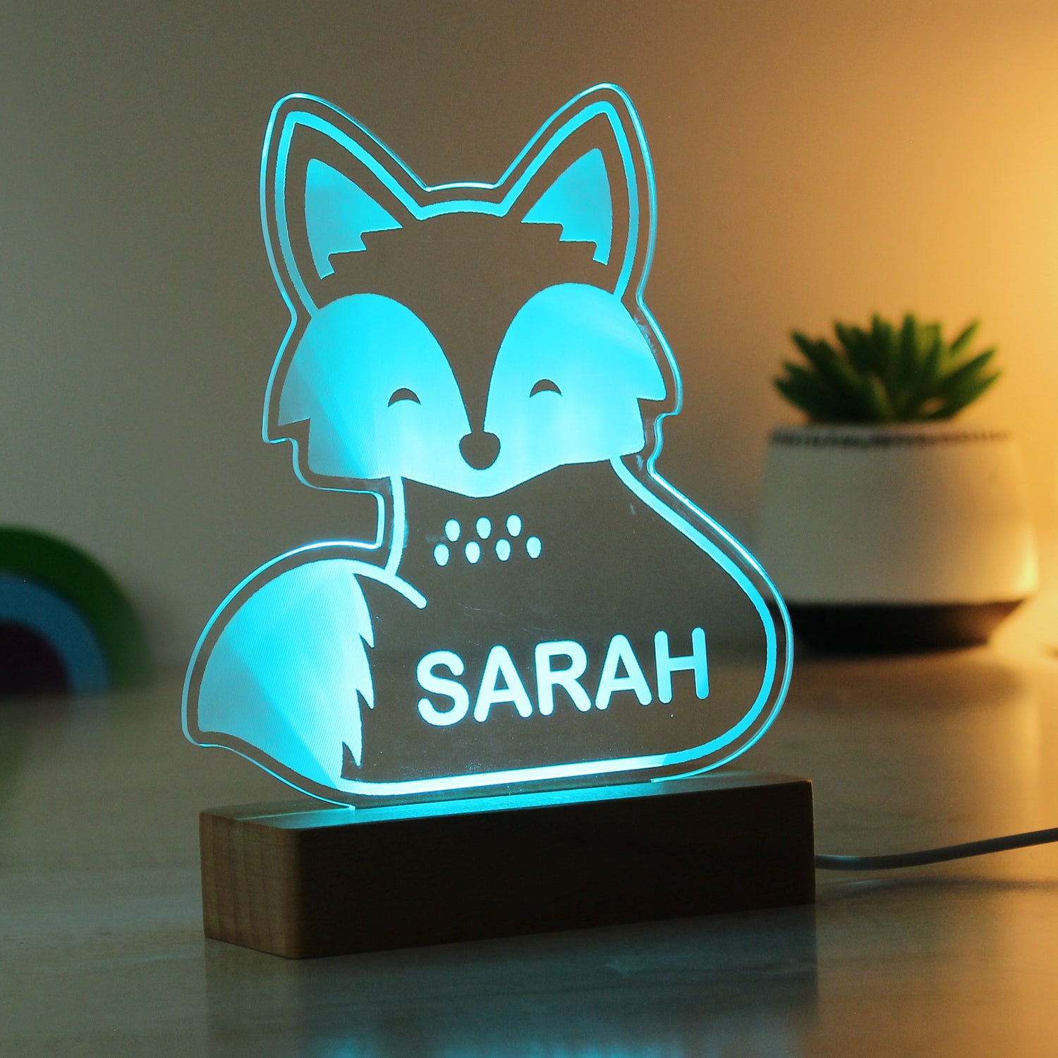 Personalised Fox Wooden Based LED Light - gift & personalise