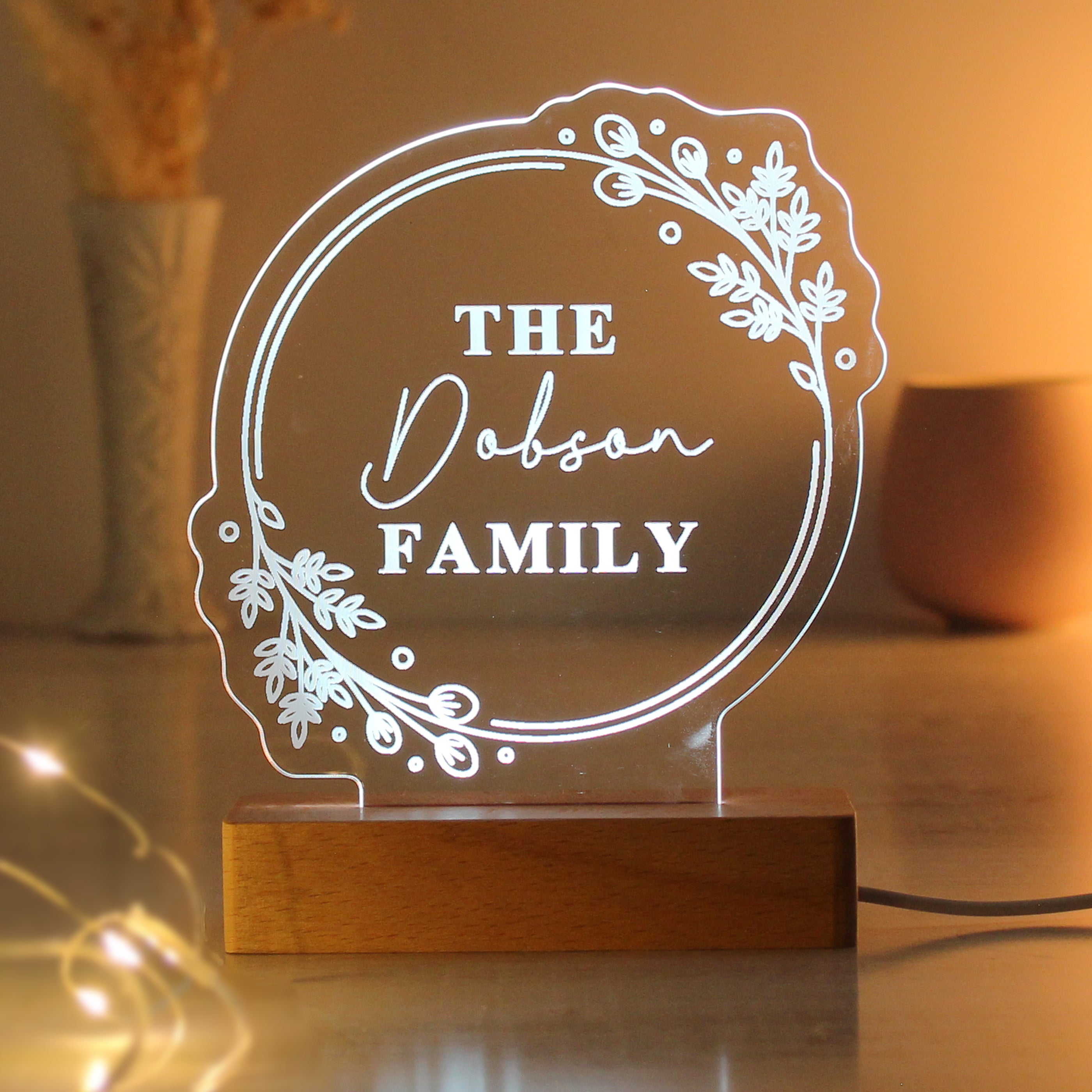 Personalised Floral Wooden Based LED Light - gift & personalise