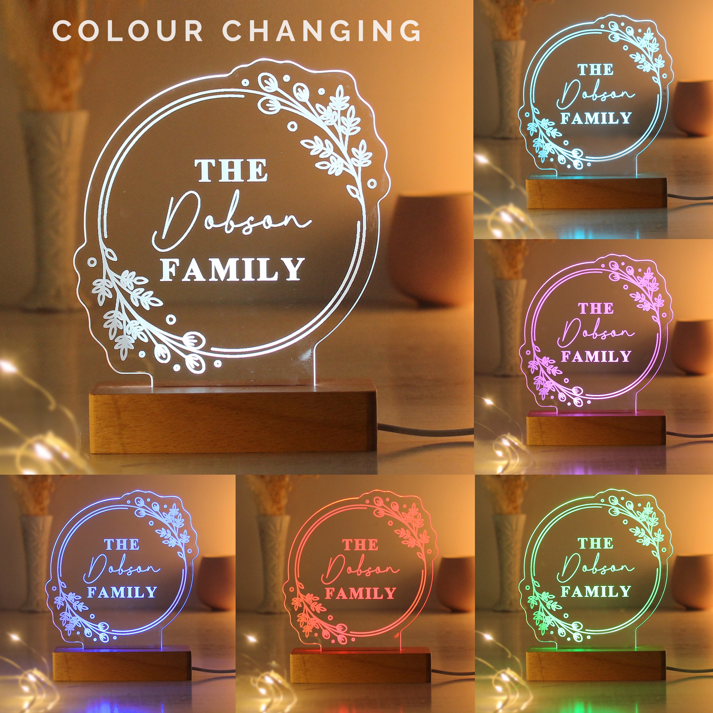 Personalised Floral Wooden Based LED Light - gift & personalise