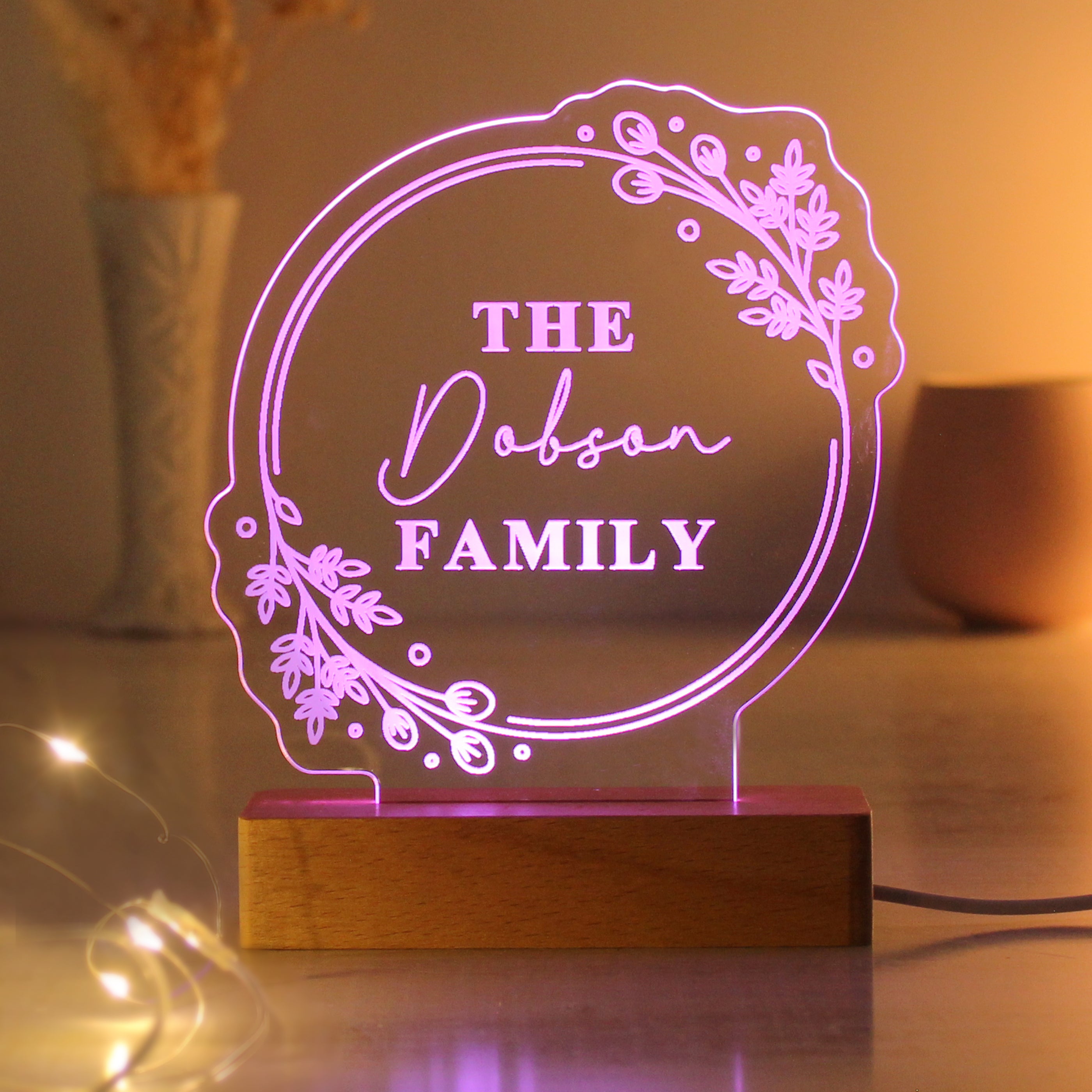 Personalised Floral Wooden Based LED Light - gift & personalise