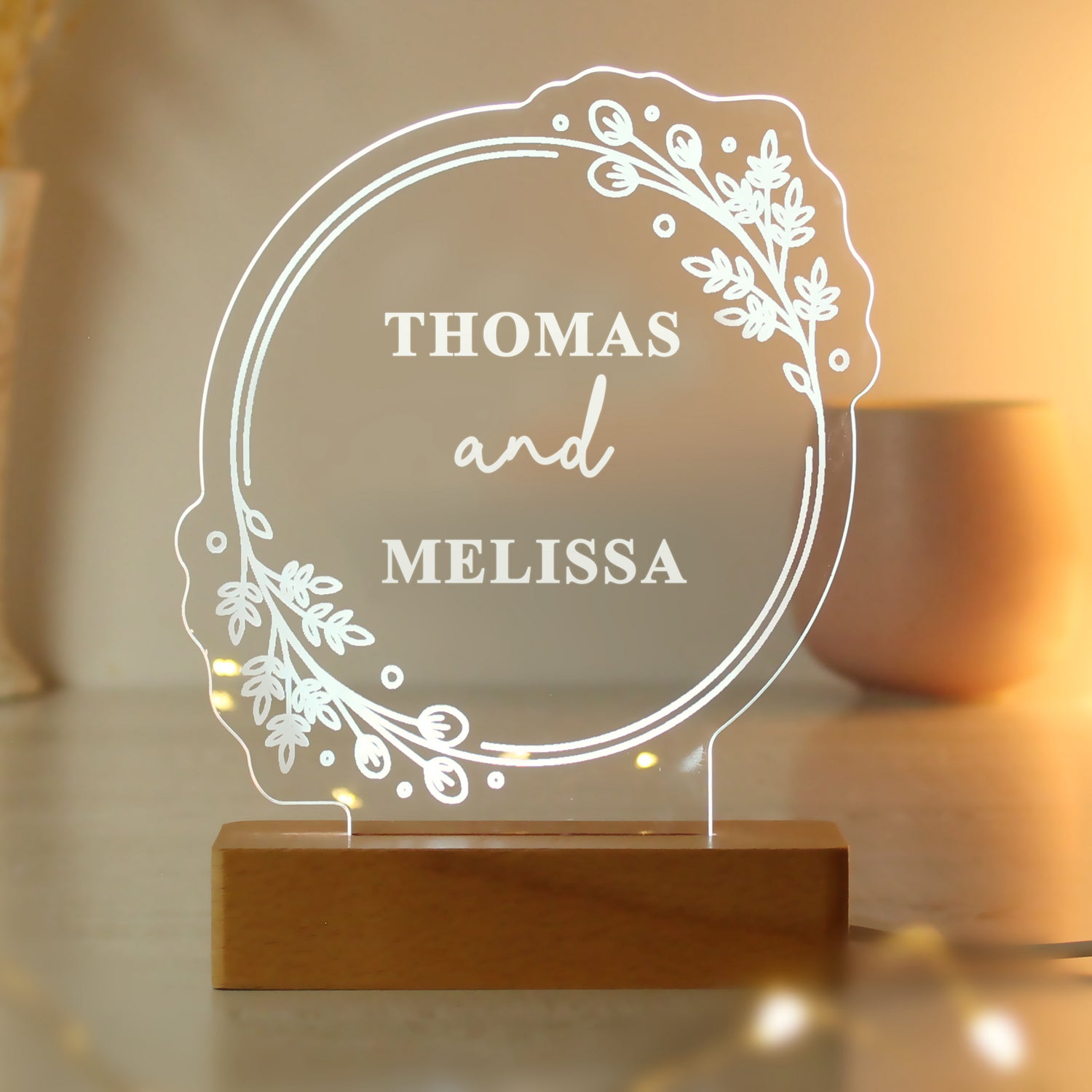 Personalised Floral Wooden Based LED Light - gift & personalise