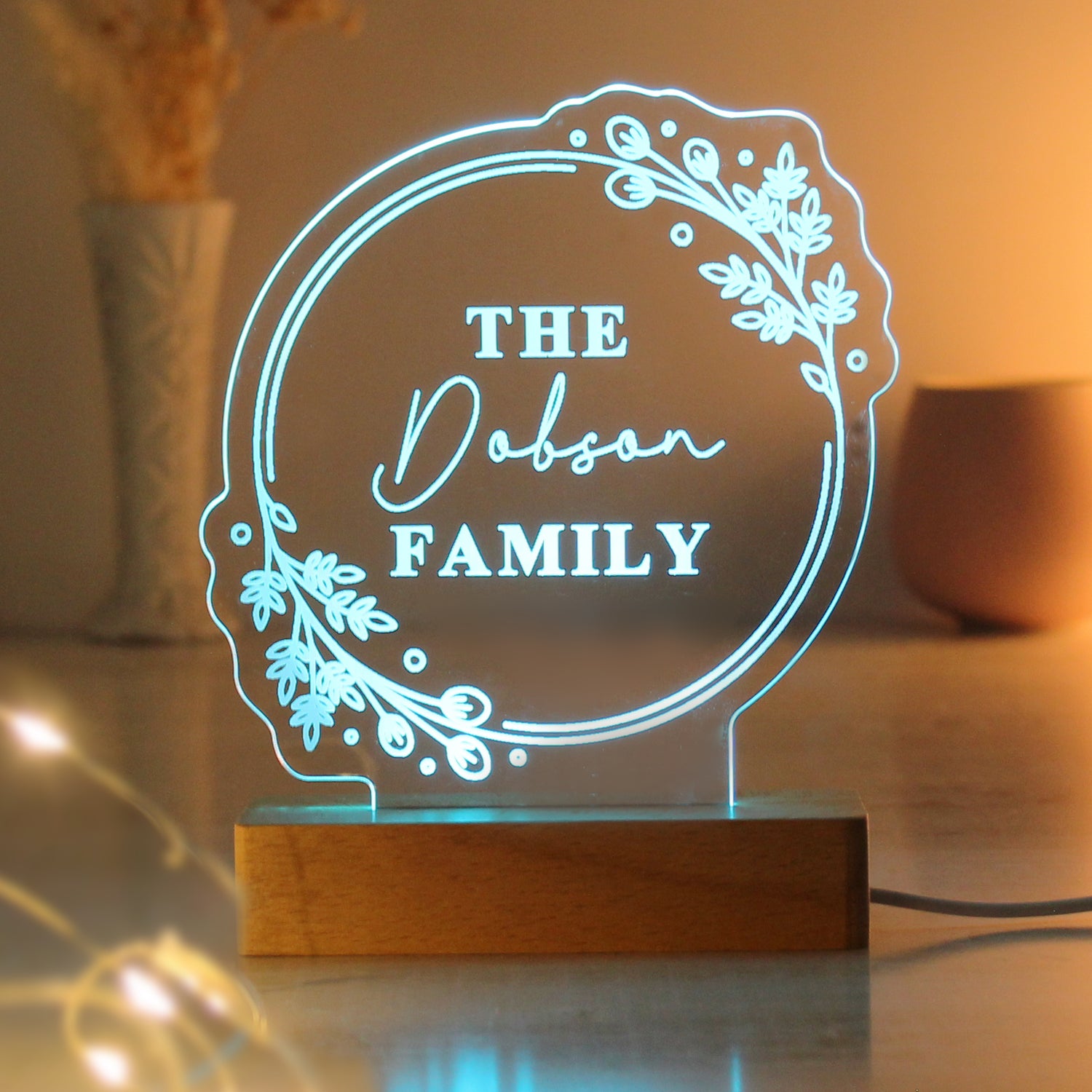 Personalised Floral Wooden Based LED Light - gift & personalise