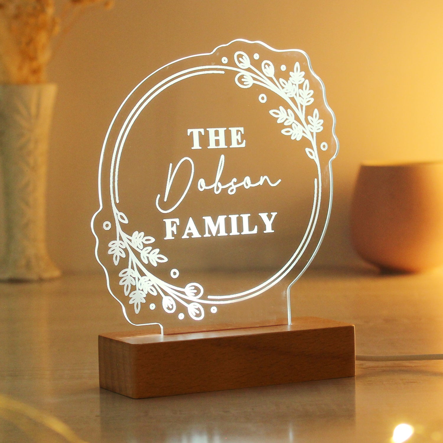 Personalised Floral Wooden Based LED Light - gift & personalise