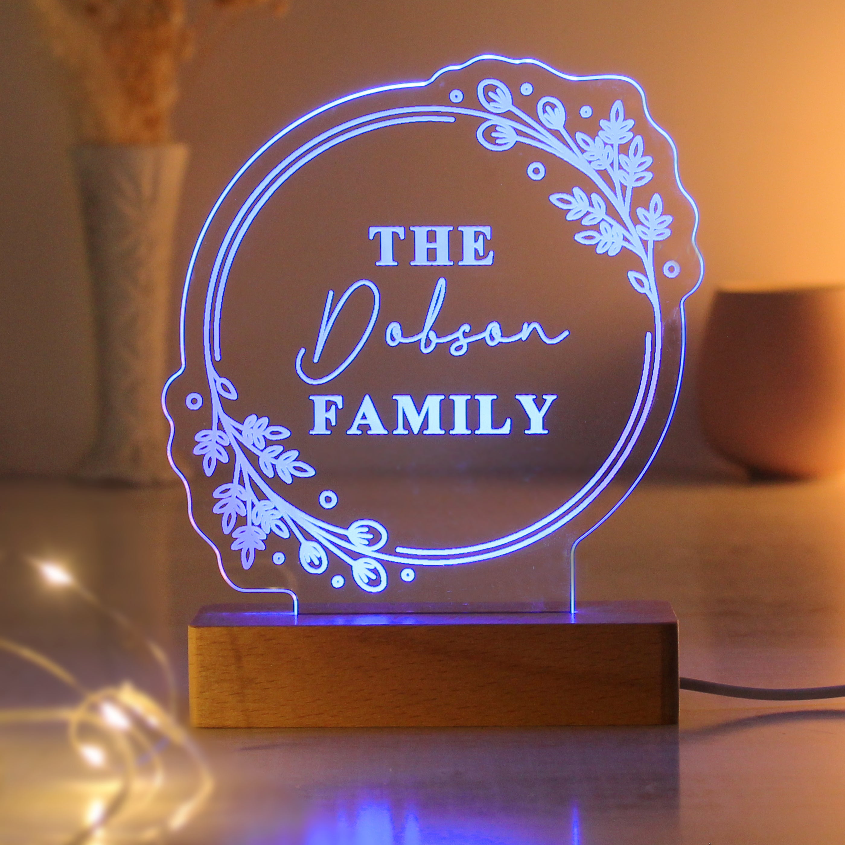 Personalised Floral Wooden Based LED Light - gift & personalise