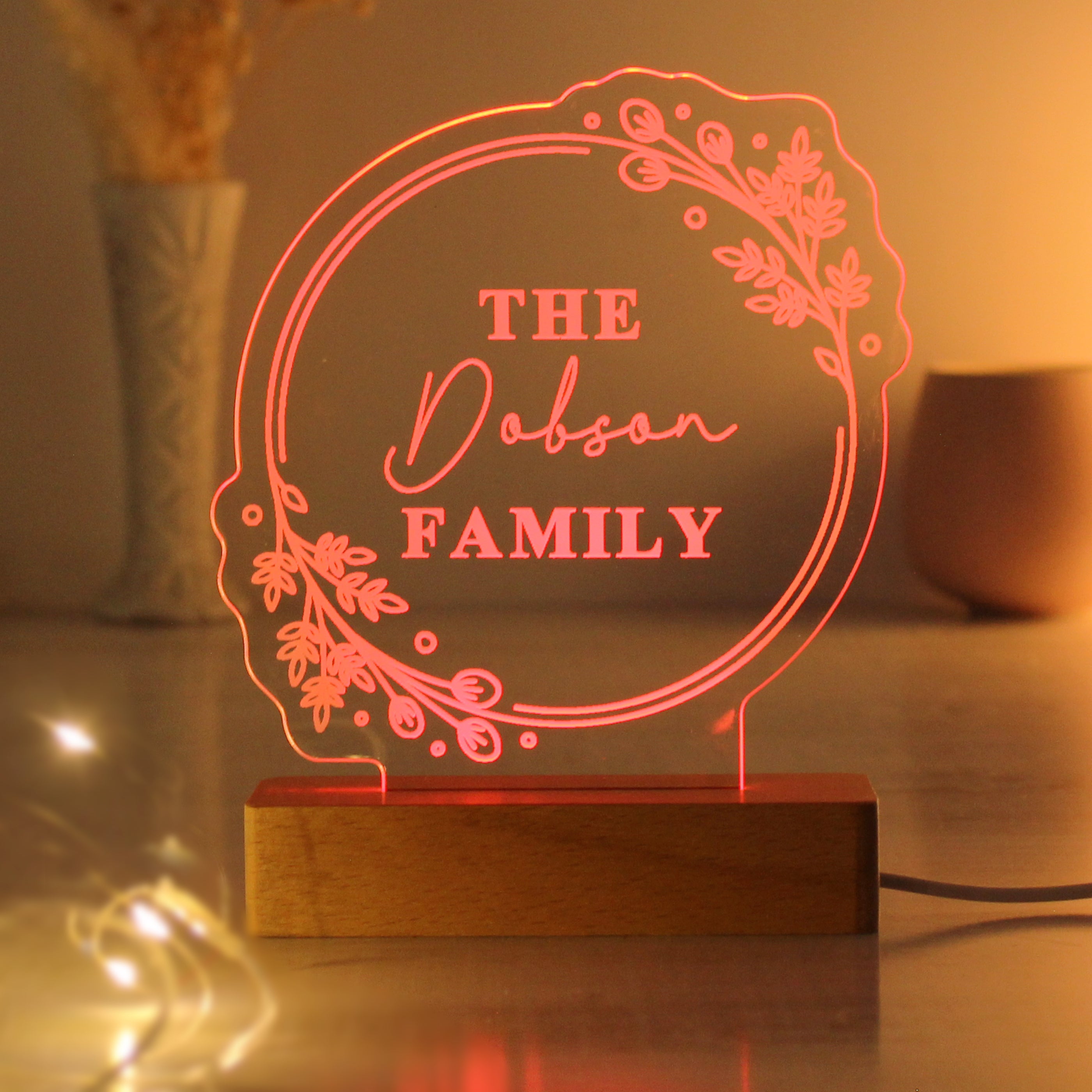 Personalised Floral Wooden Based LED Light - gift & personalise