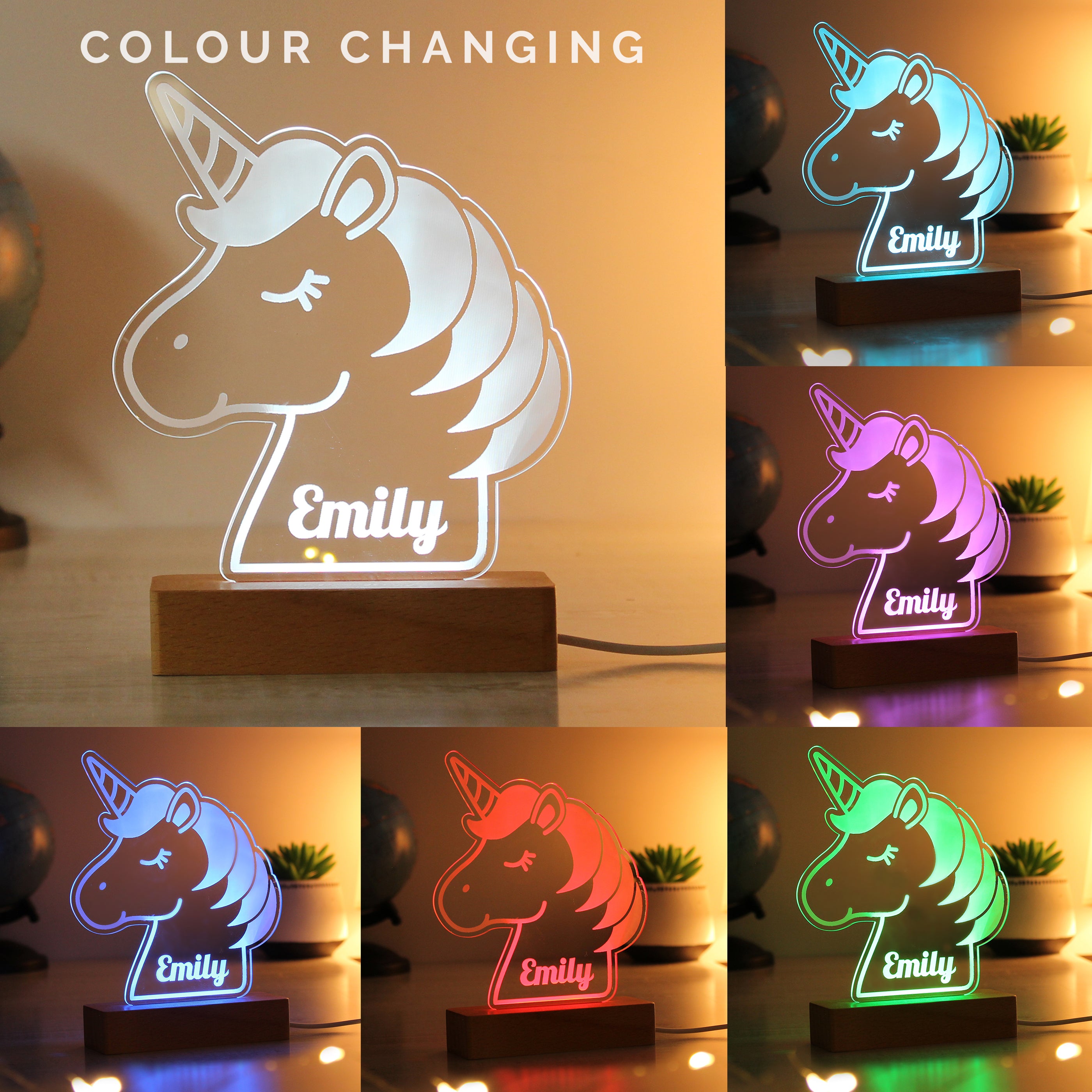 Personalised Unicorn Wooden Based LED Light - gift & personalise