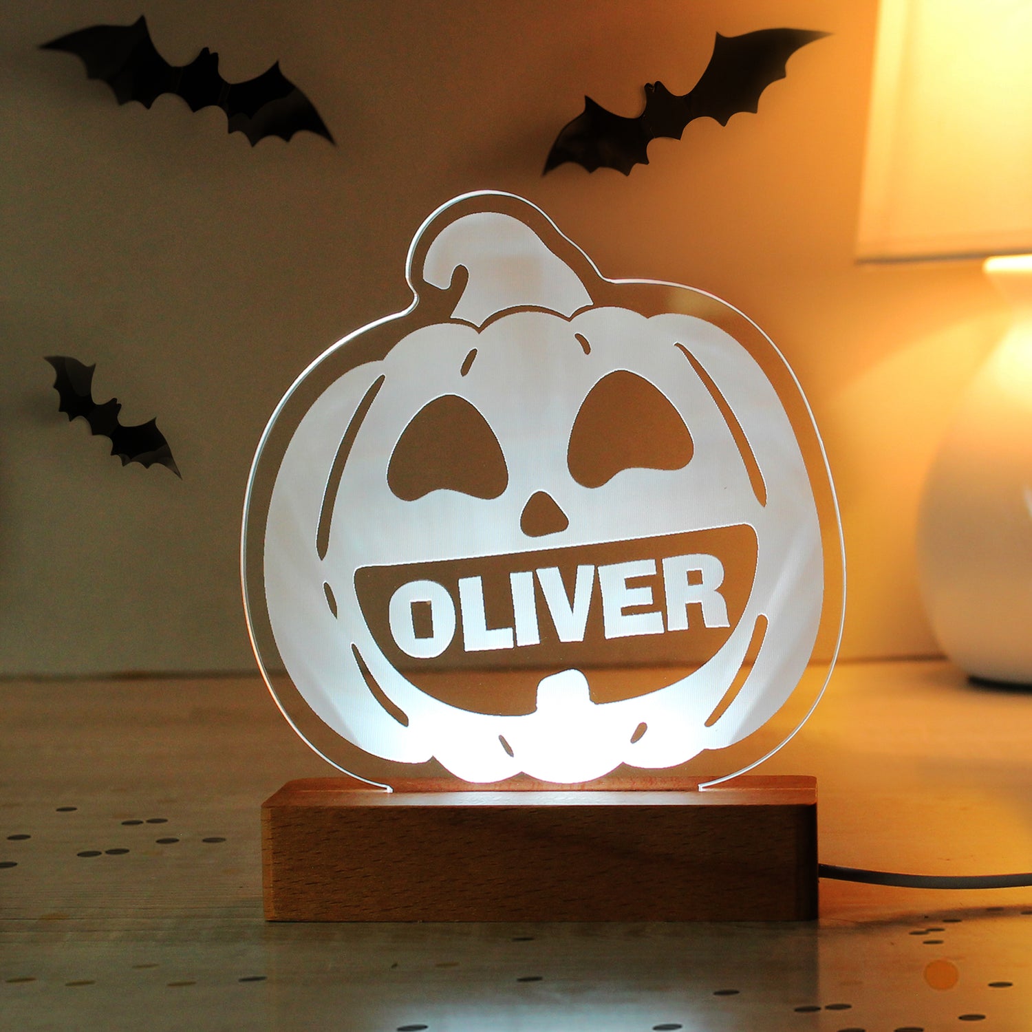 Personalised Pumpkin Wooden LED Light - gift & personalise