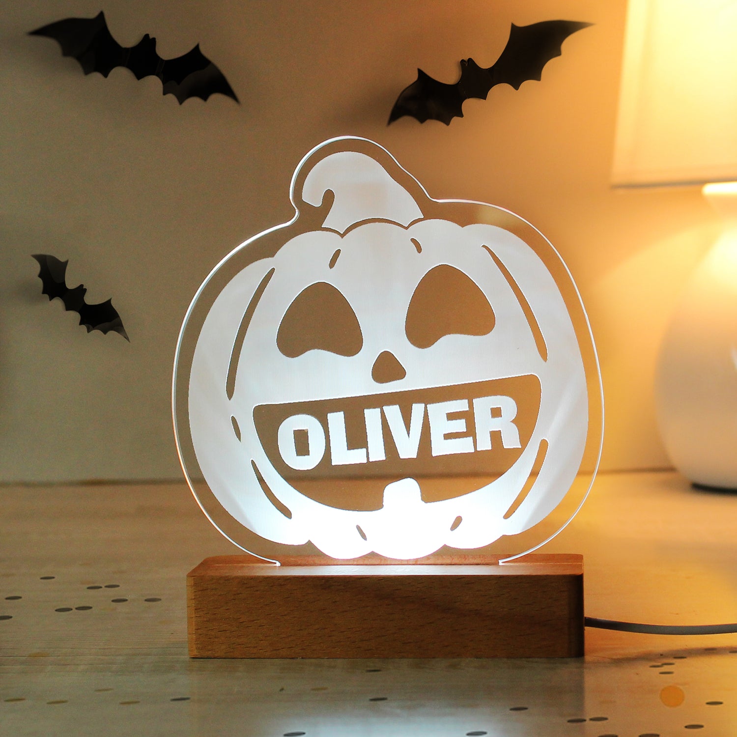 Personalised Pumpkin Wooden LED Light - gift & personalise