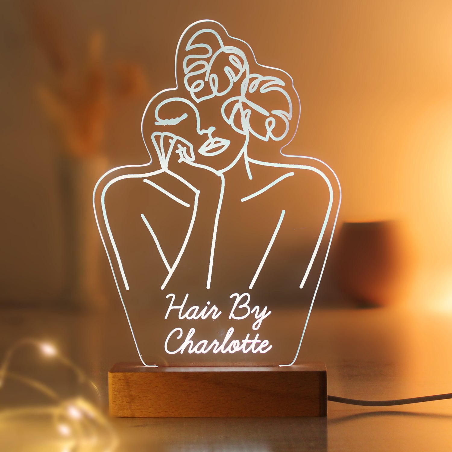 Personalised Fleur Line Art Wooden Based LED Light - gift & personalise