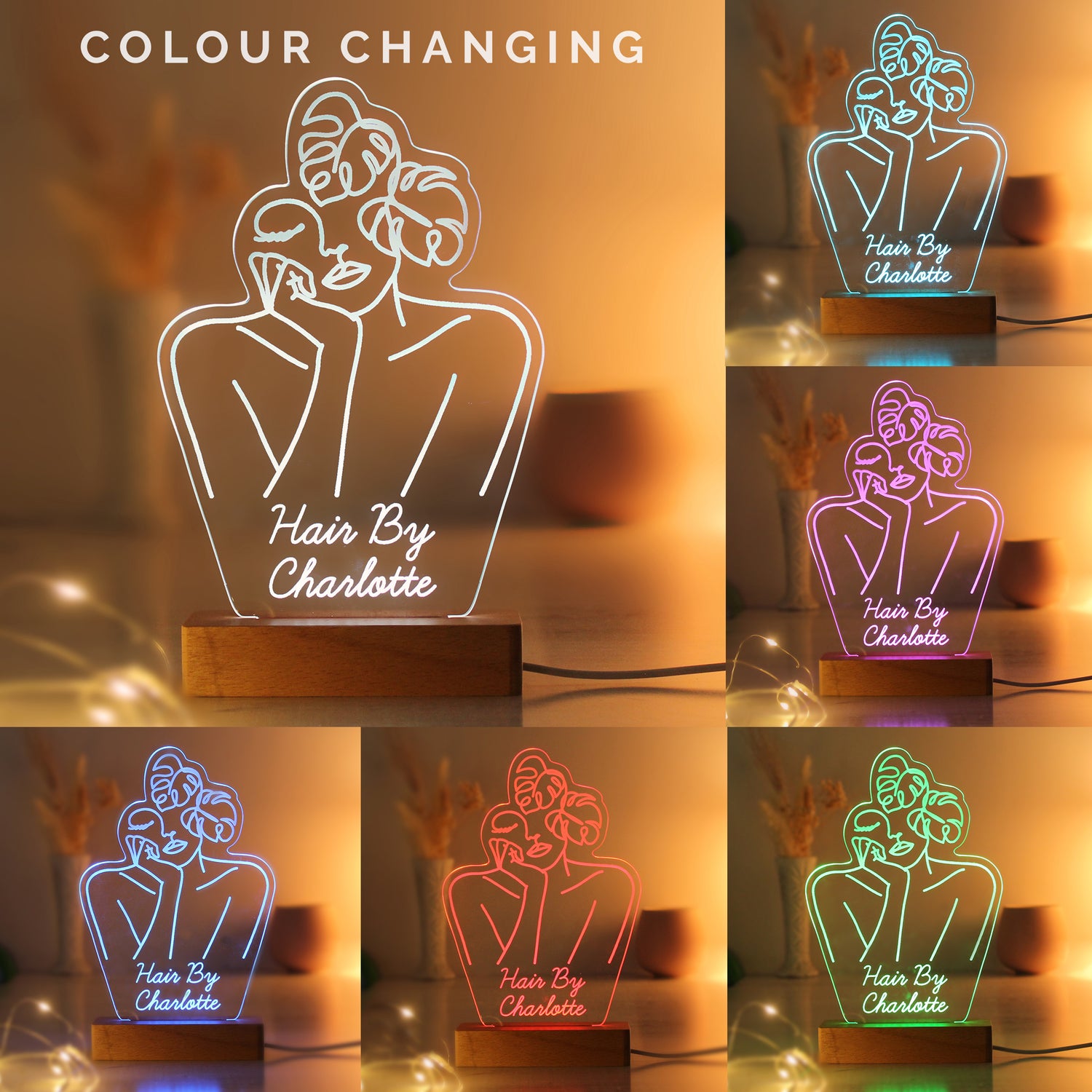 Personalised Fleur Line Art Wooden Based LED Light - gift & personalise