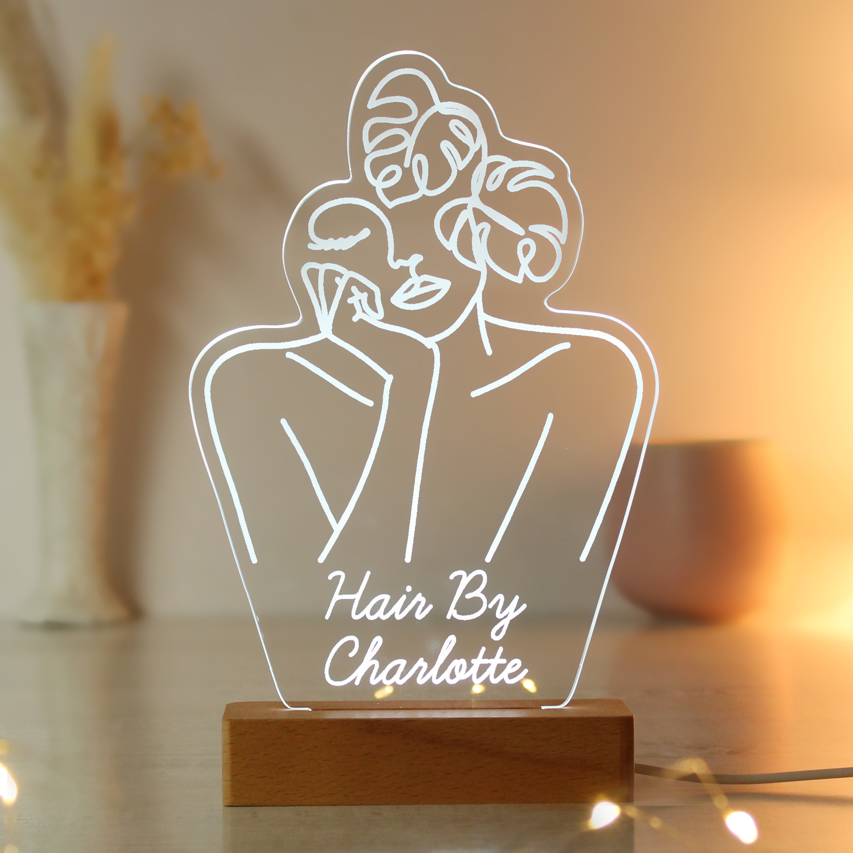 Personalised Fleur Line Art Wooden Based LED Light - gift & personalise