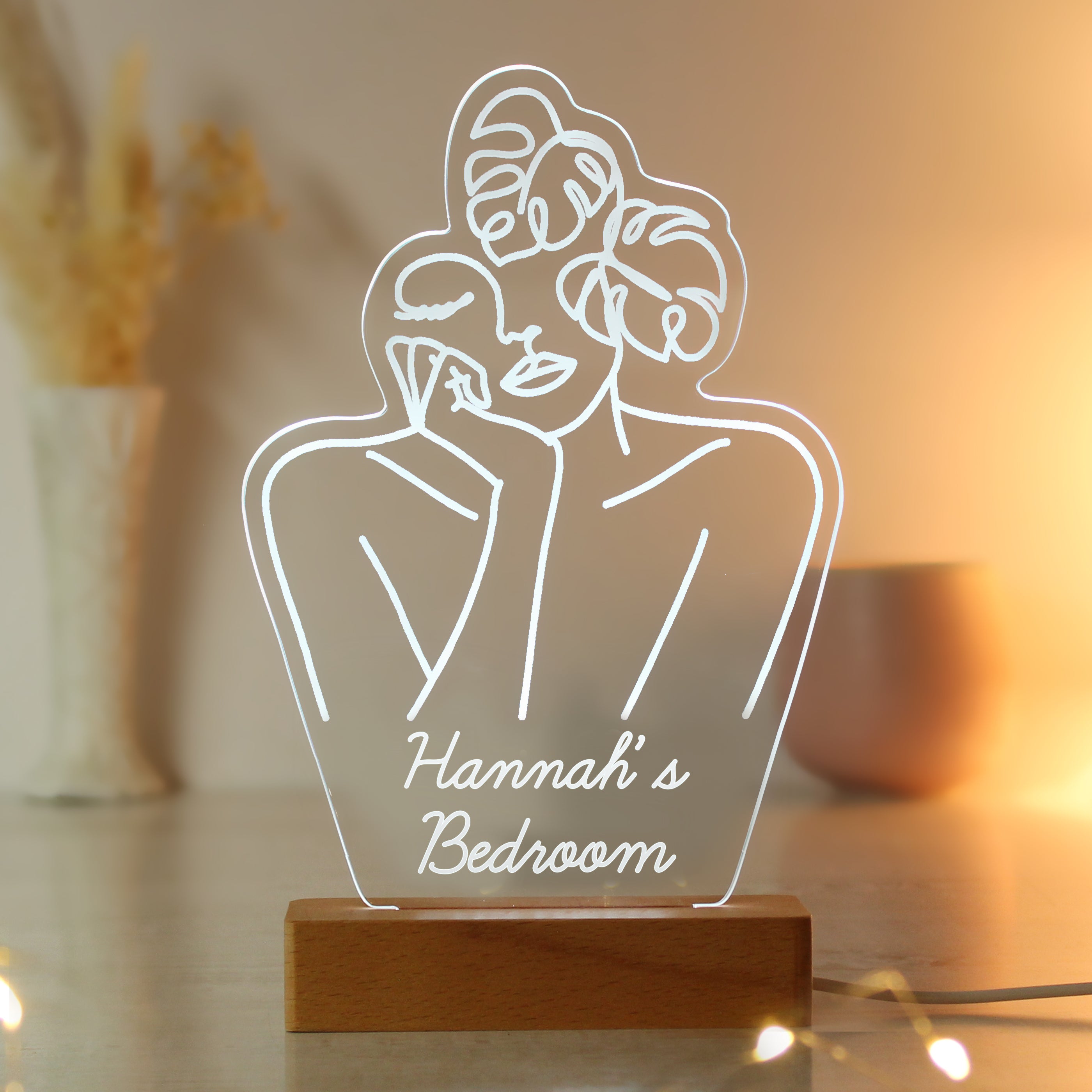 Personalised Fleur Line Art Wooden Based LED Light - gift & personalise