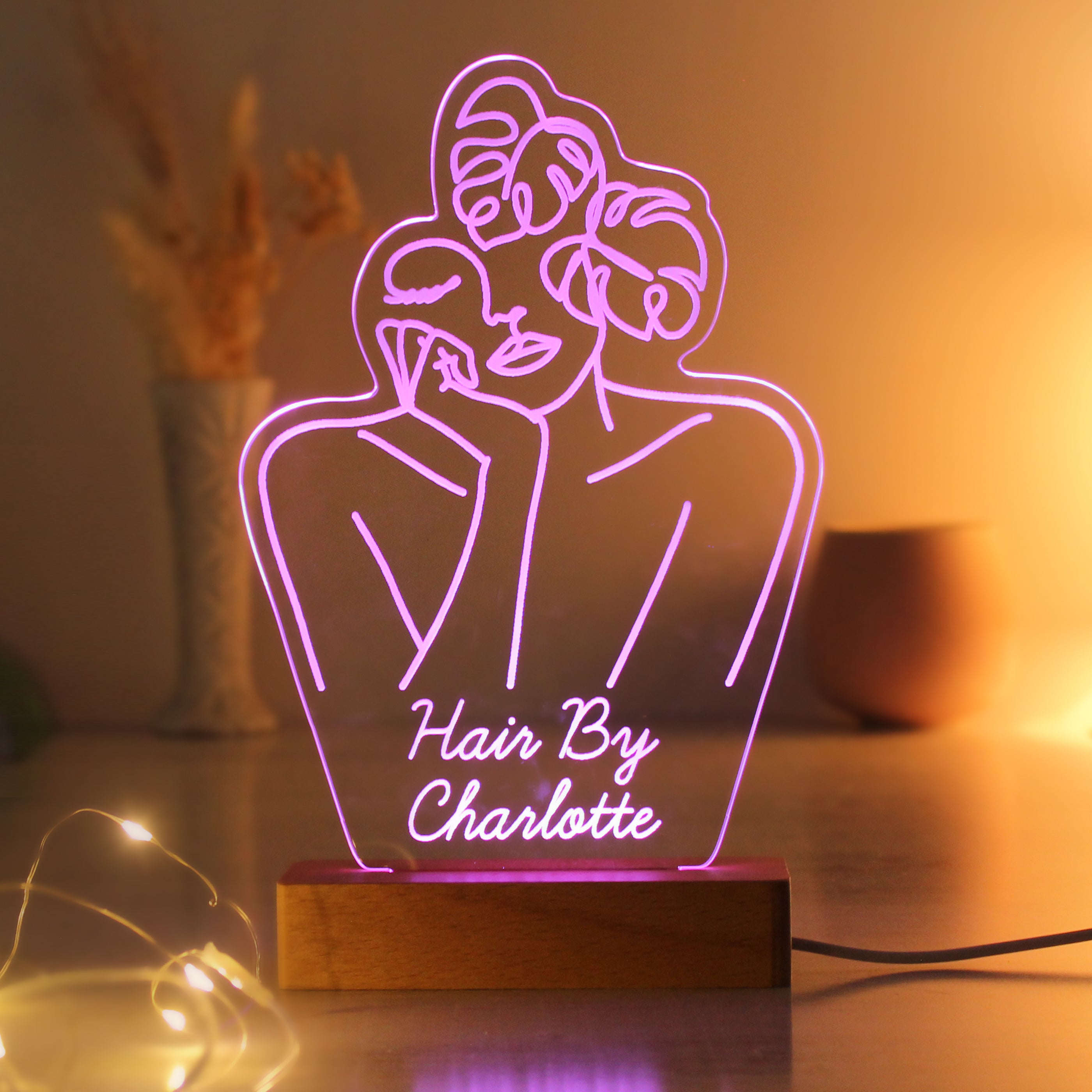 Personalised Fleur Line Art Wooden Based LED Light - gift & personalise