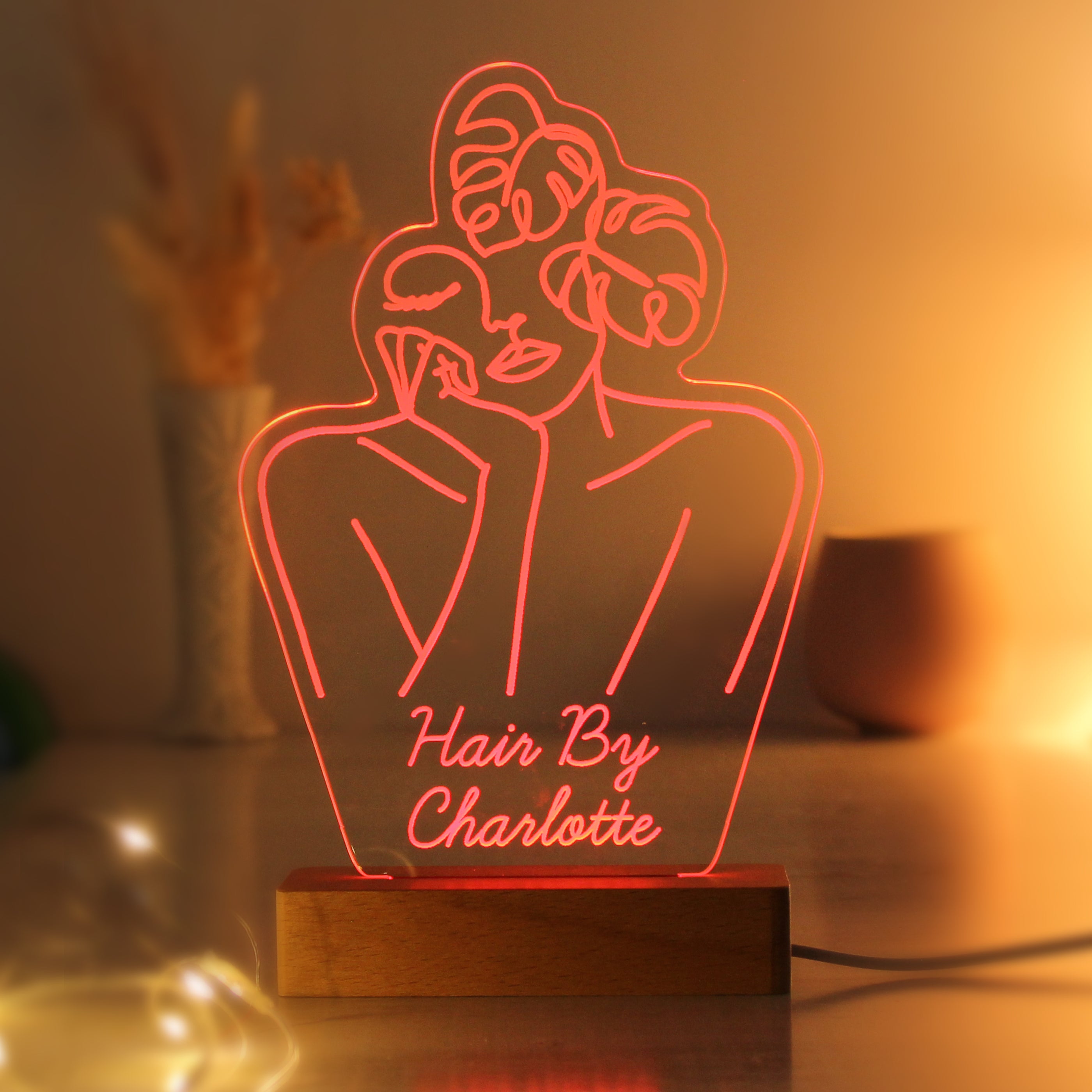 Personalised Fleur Line Art Wooden Based LED Light - gift & personalise