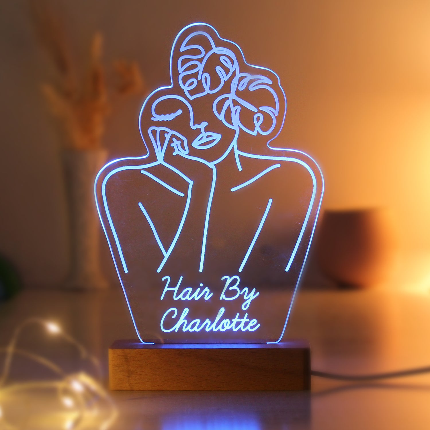 Personalised Fleur Line Art Wooden Based LED Light - gift & personalise